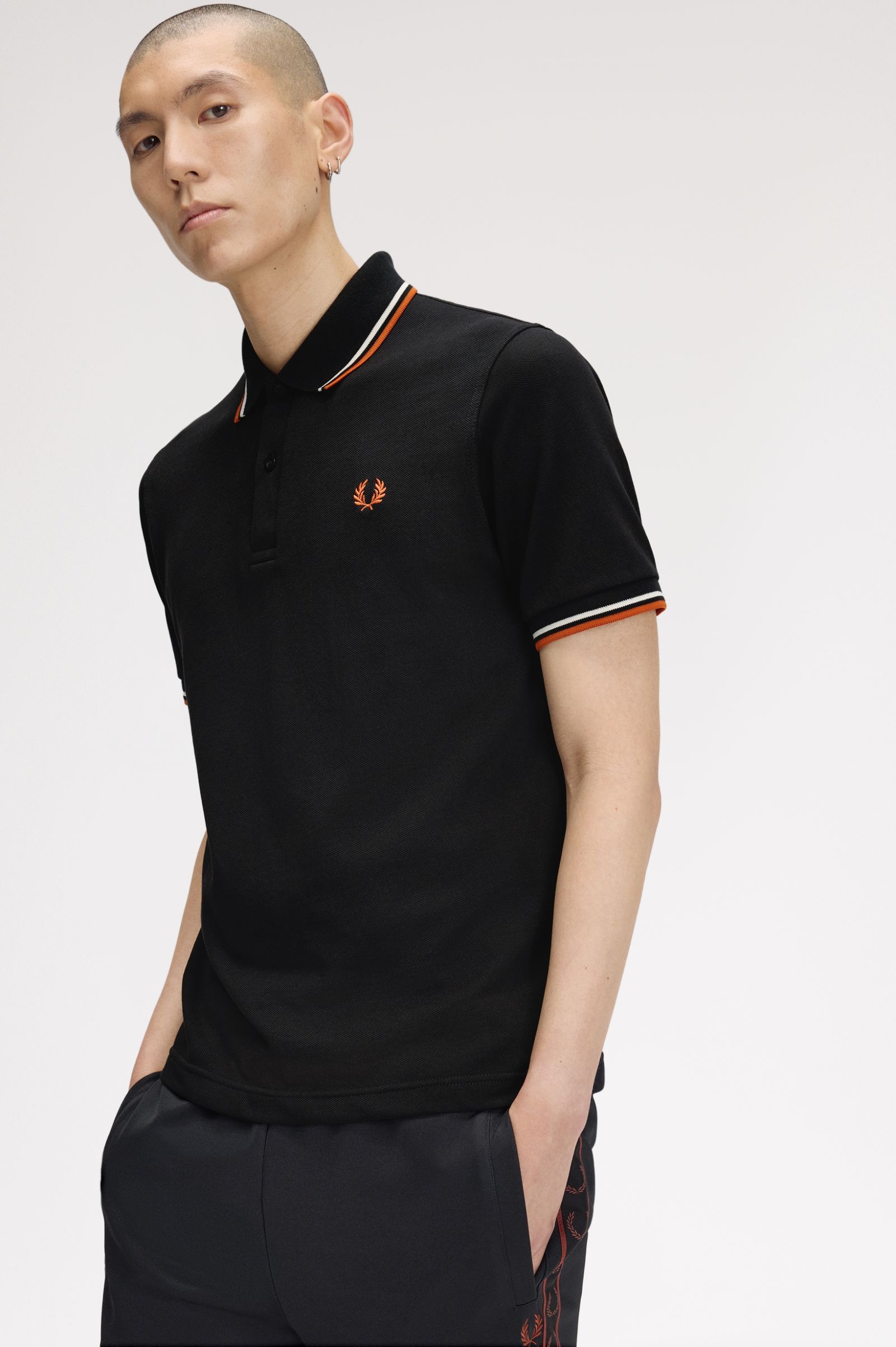 Fred Perry Made in England M12 Twin Tipped Polo Shirt (Black/Tramline White/Summer Clay)