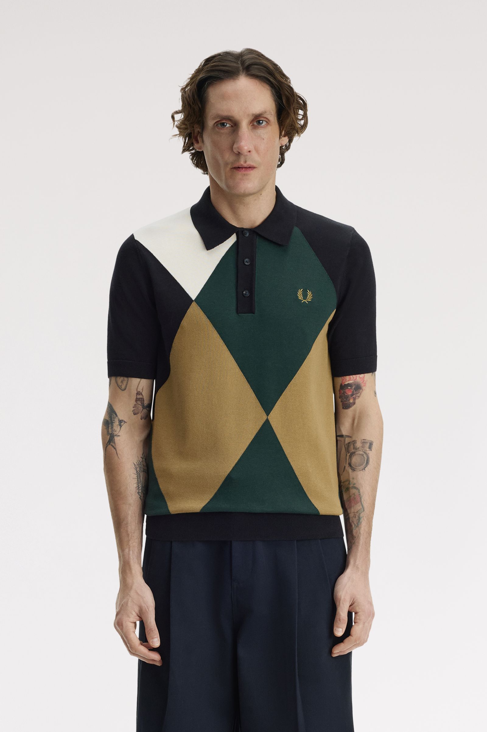 Fred Perry Offset Argyle Knitted Shirt (Black)