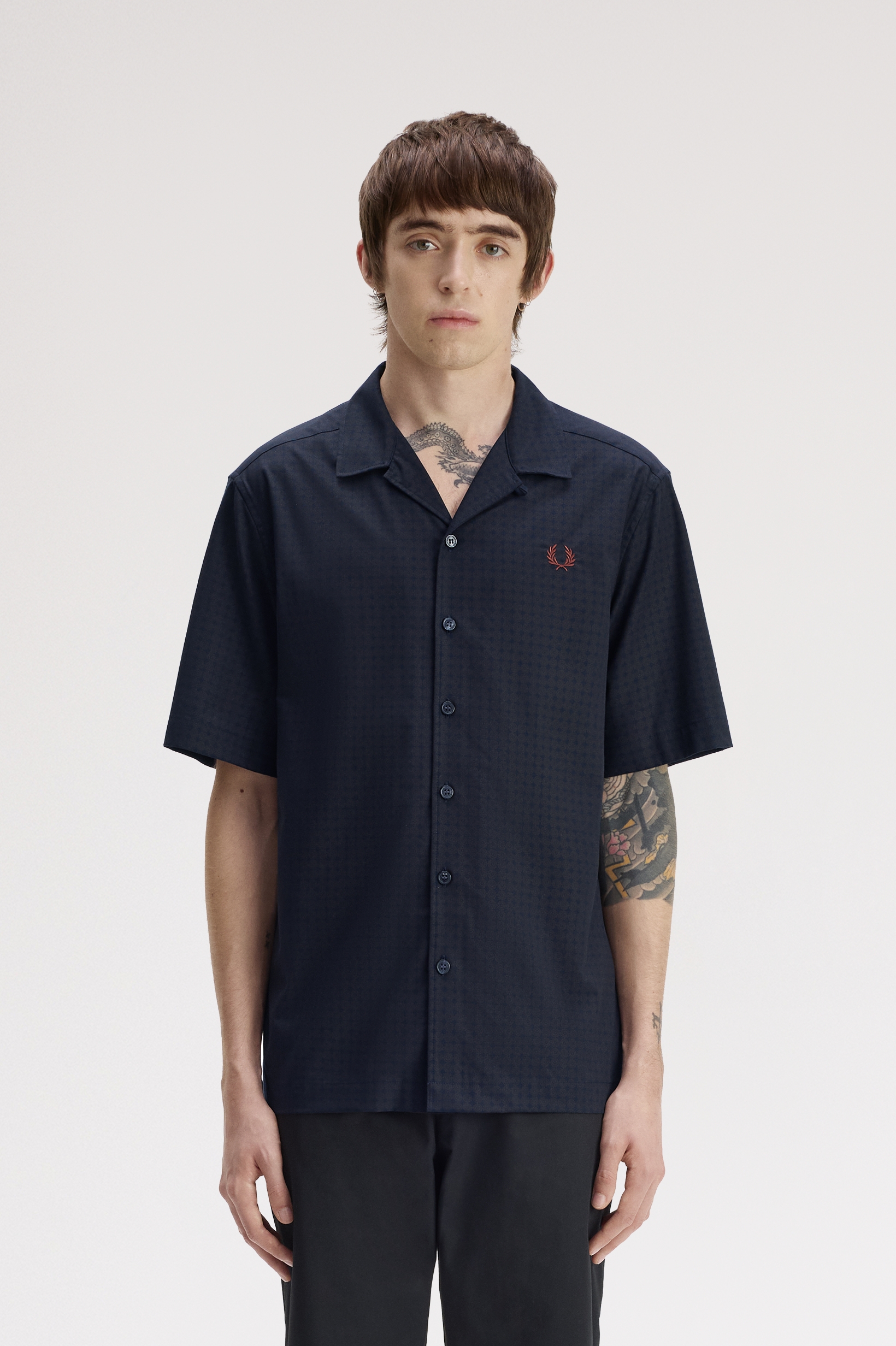 Fred Perry Floral Print Revere Collar Shirt (Navy)