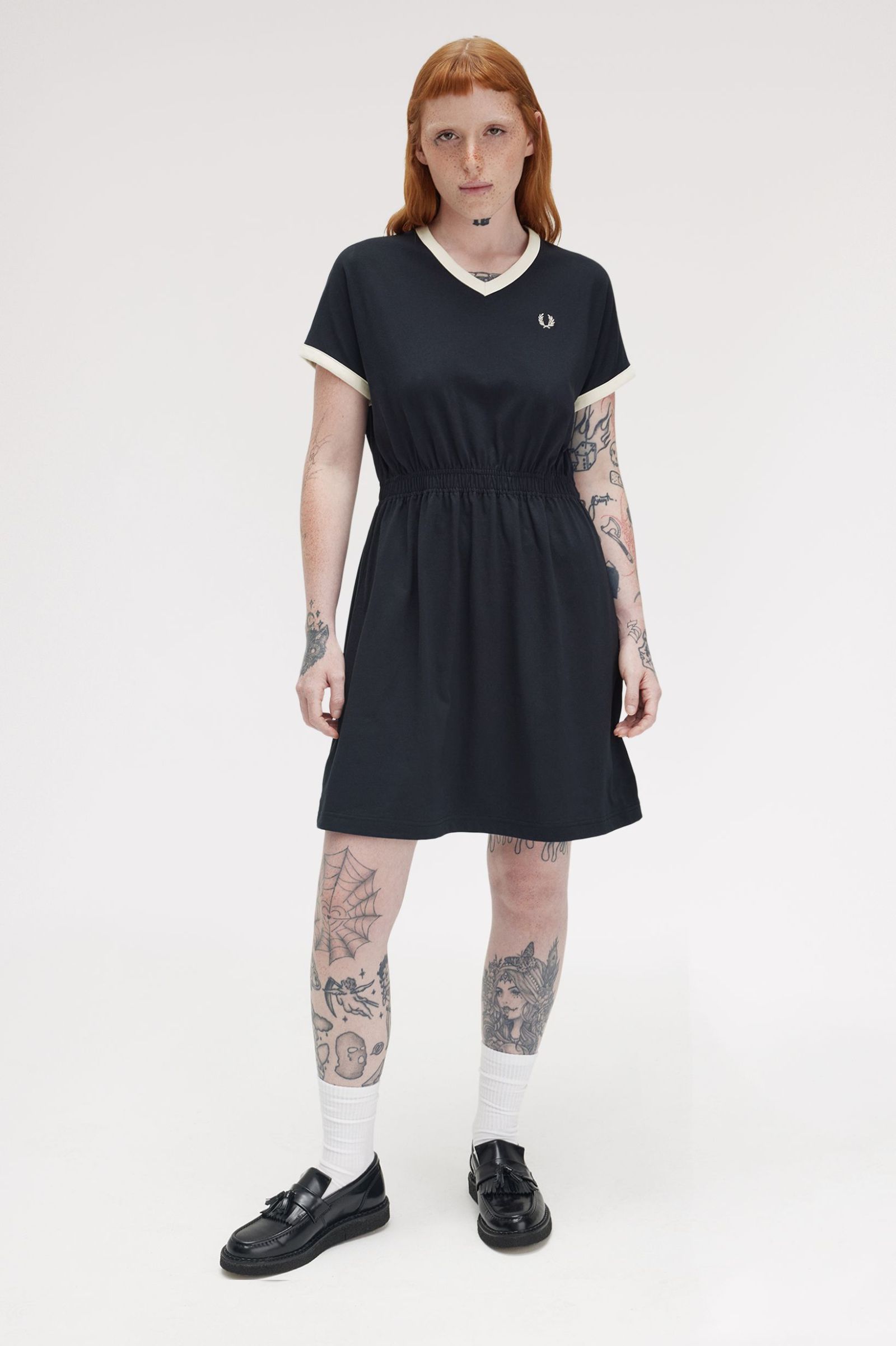 Fred Perry V-Neck Jersey Dress in Navy 