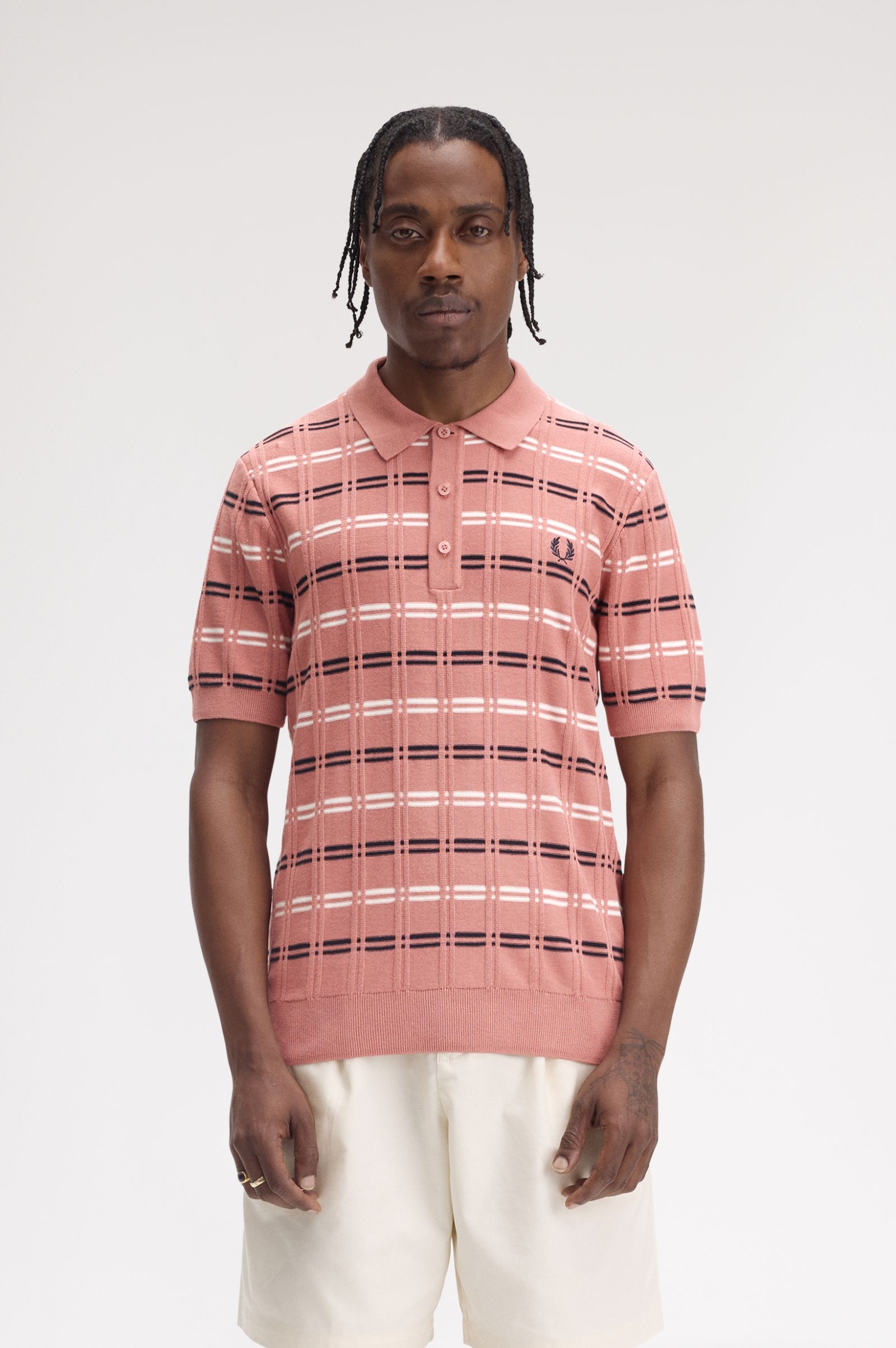 Fred Perry Striped Rib Knitted Shirt in Putty Pink