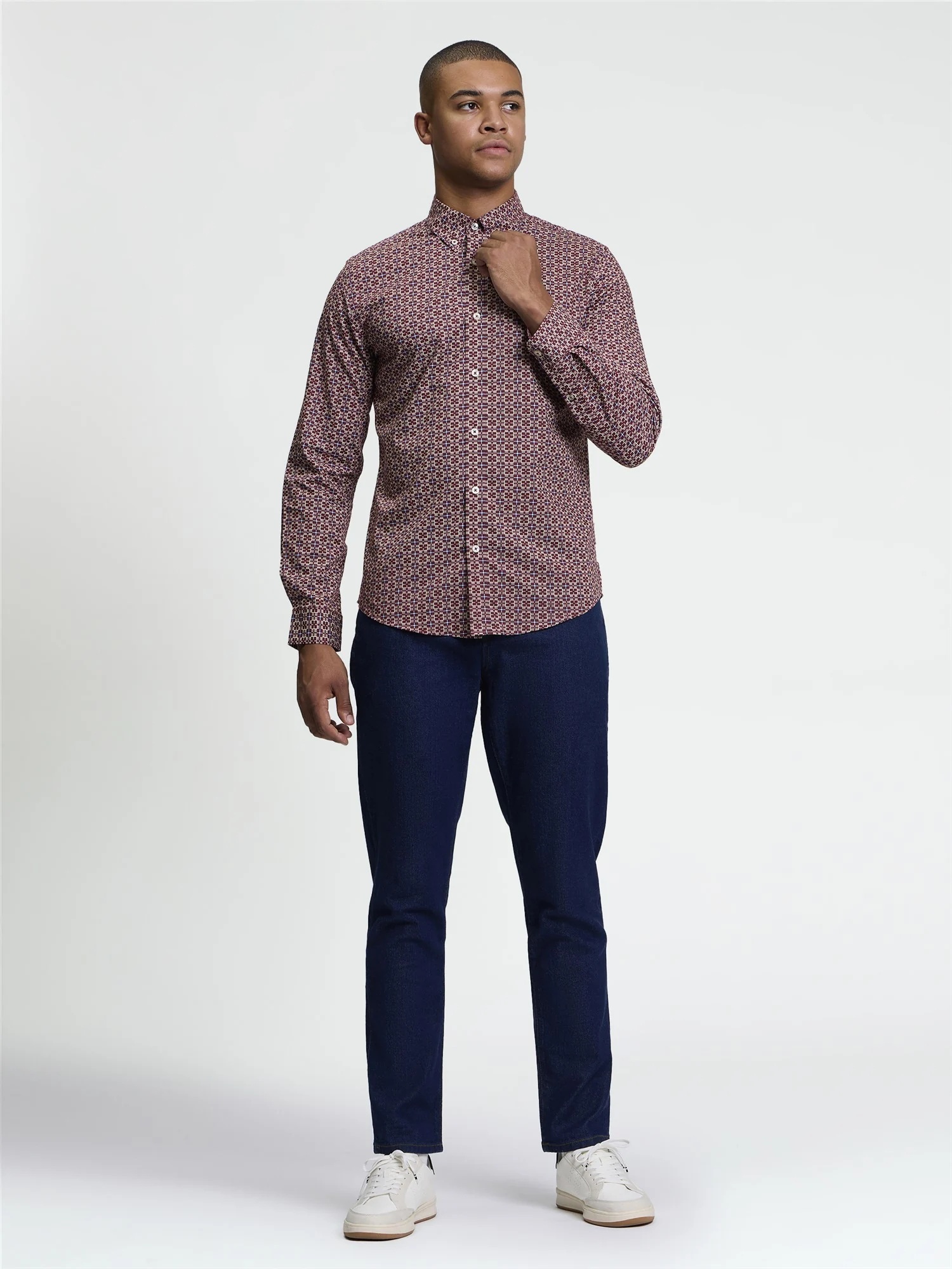 Ben Sherman Long Sleeve Block Geo Print Shirt (Maroon)