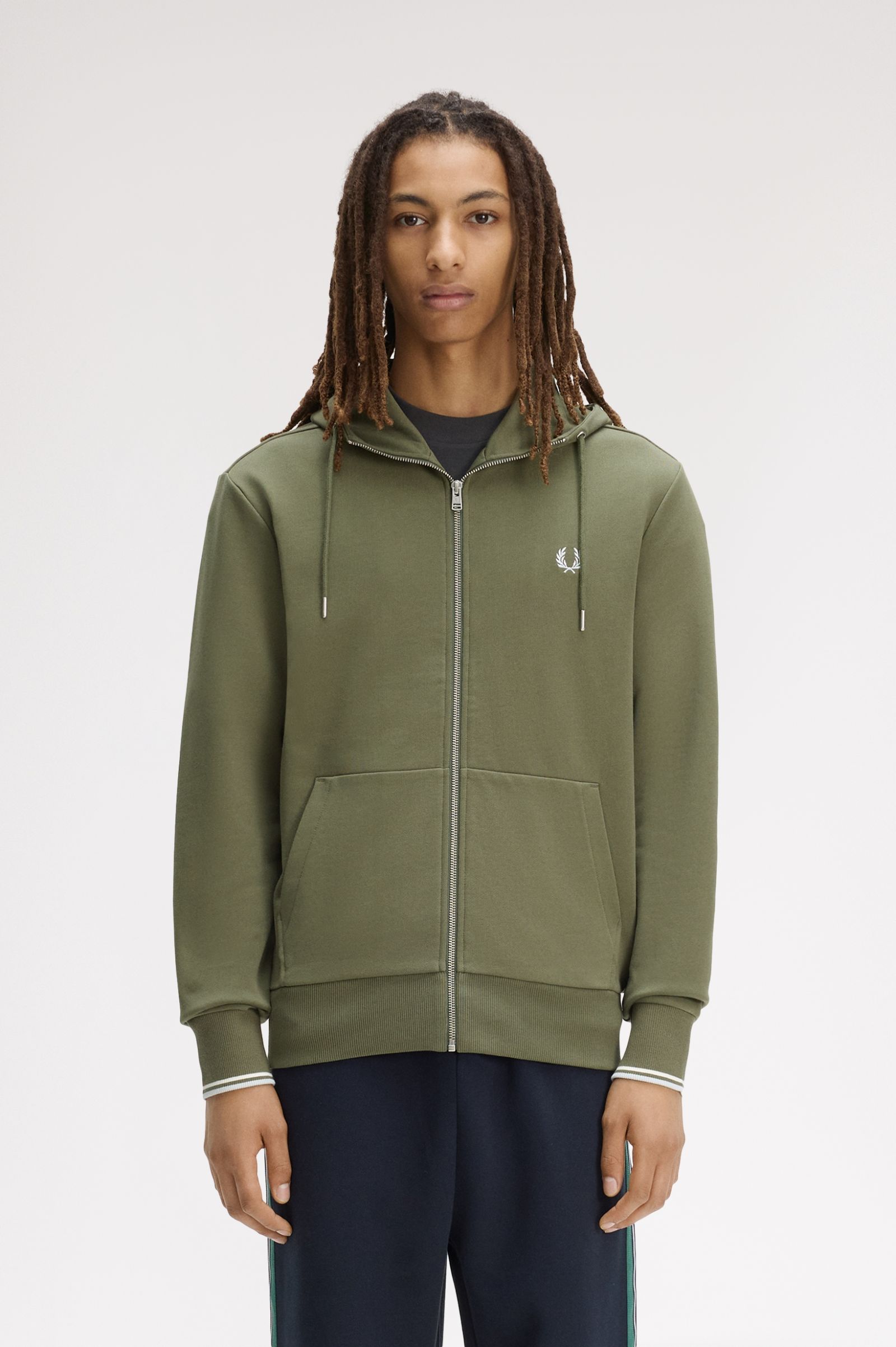 Fred Perry Hooded Zip Through Sweatshirt (Laurel Wreath Green/Ecru/Dusk Blue)