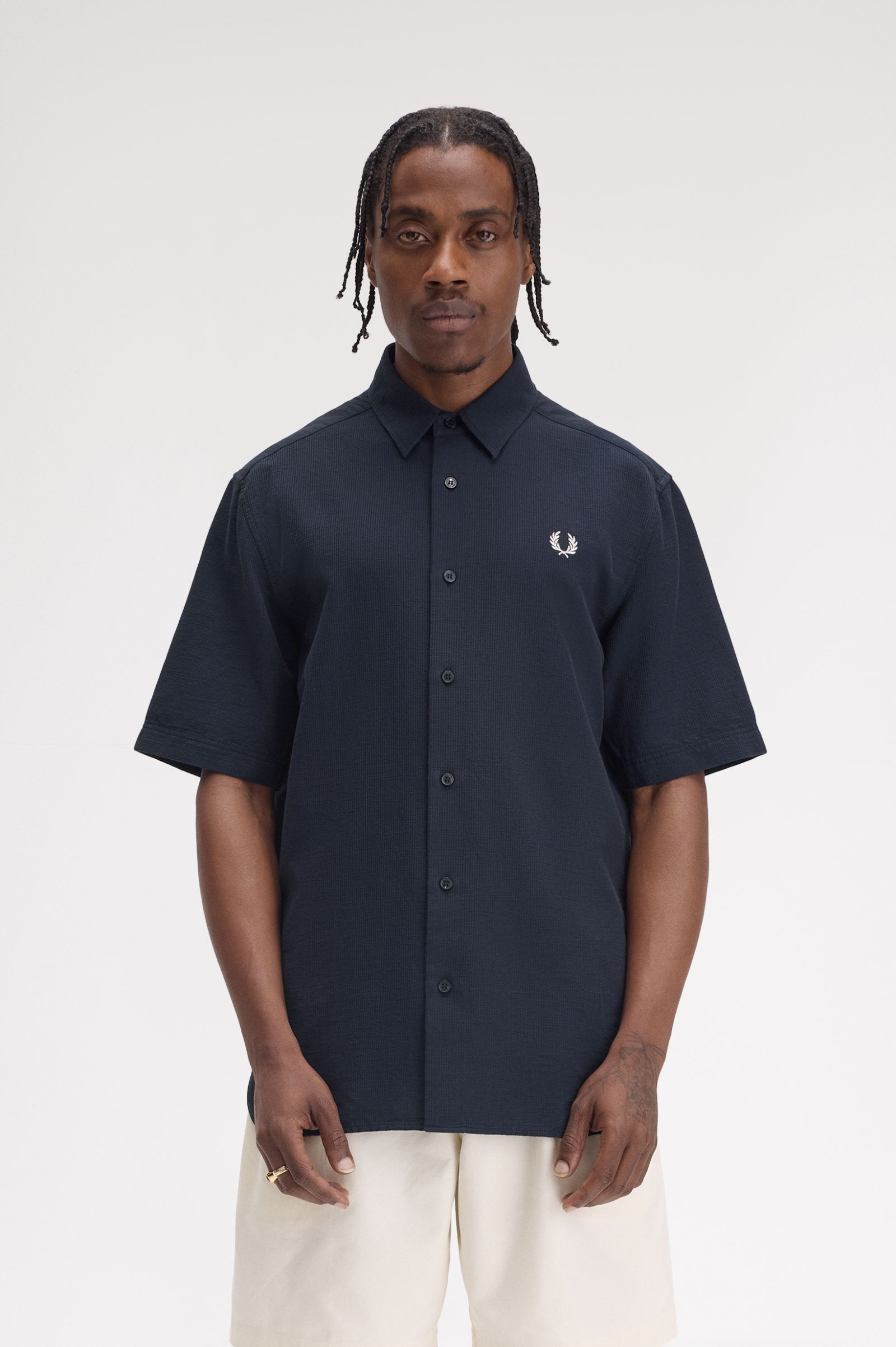 Fred Perry Textured Seersucker Shirt in Navy 