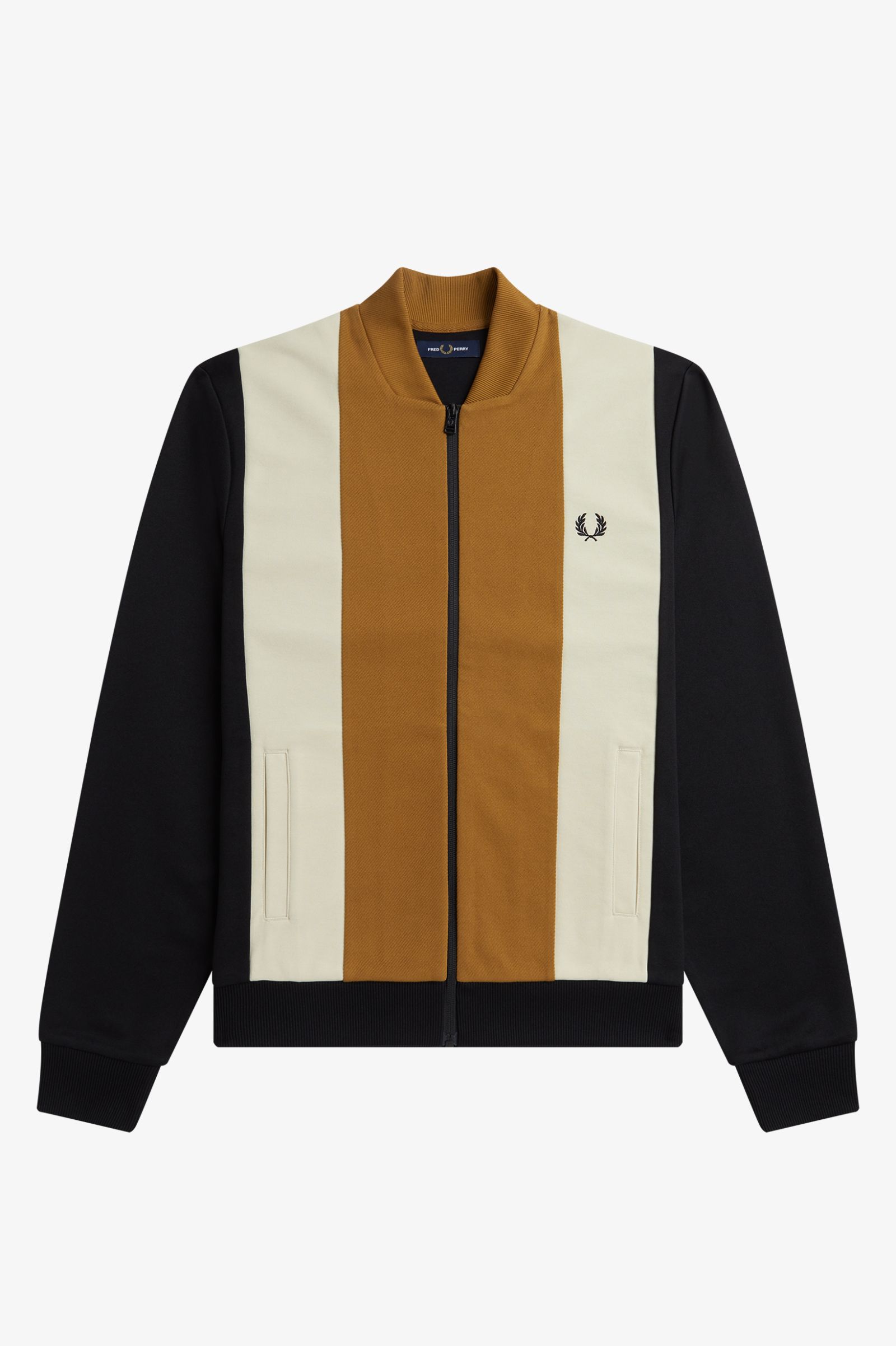 Fred Perry Colour Block Track Jacket in Black/Oatmeal/Dark Caramel 
