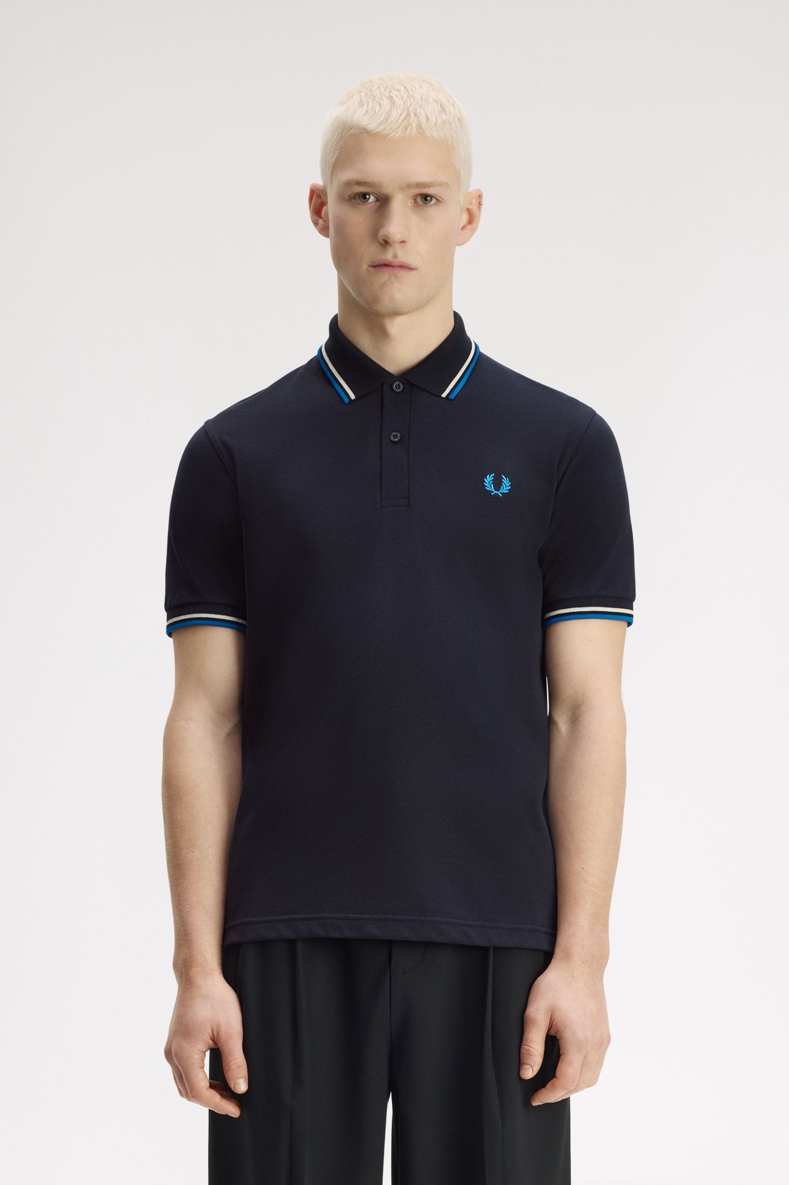 Fred Perry Made in England M12 Twin Tipped Polo Shirt (Navy/Tramline White/Indoor Court Blue)