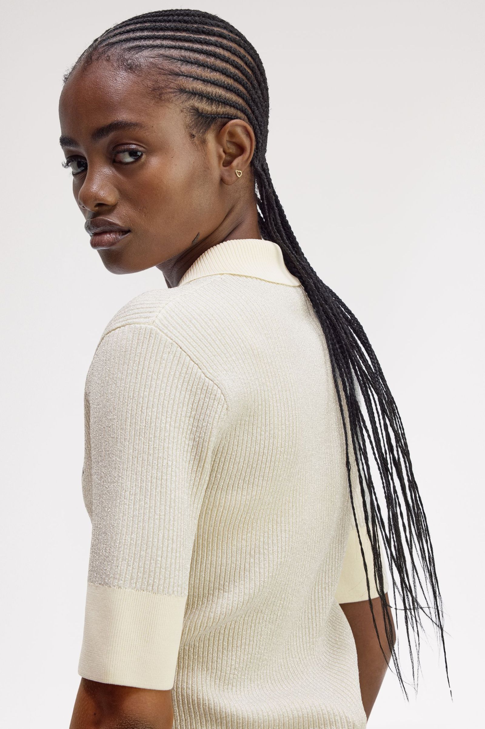 Fred Perry Amy Winehouse Metallic Rib Knit Polo Shirt (Ecru)