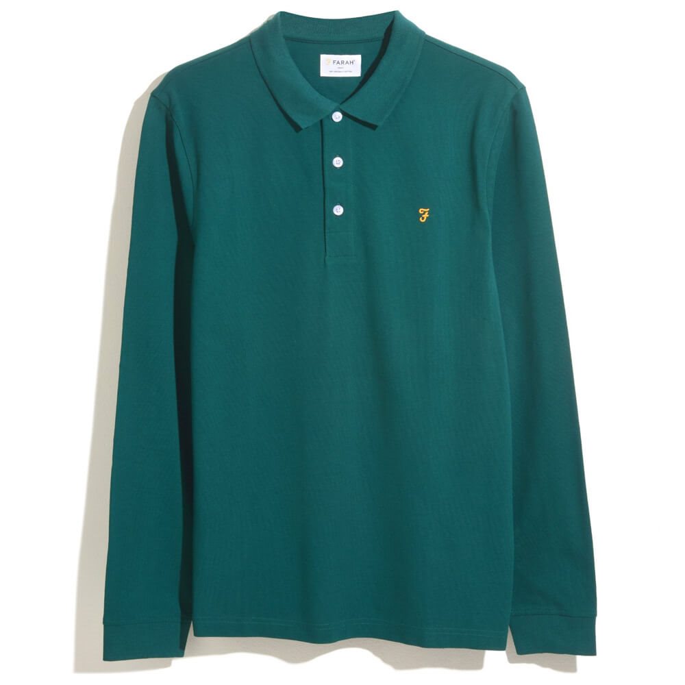 Farah Blanes Organic Cotton Long Sleeve Polo Shirt In Botanic Green 
