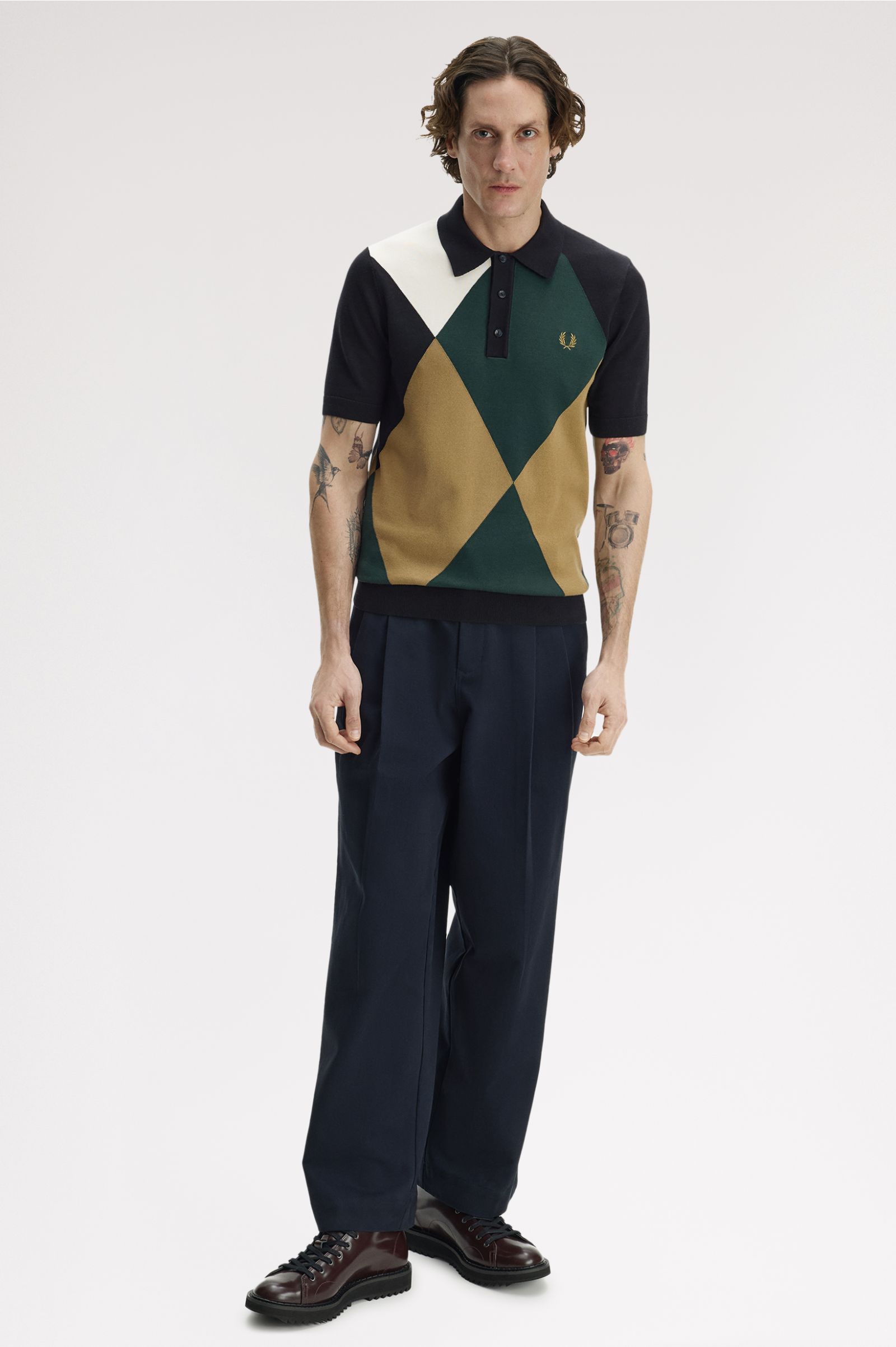 Fred Perry Offset Argyle Knitted Shirt (Black)