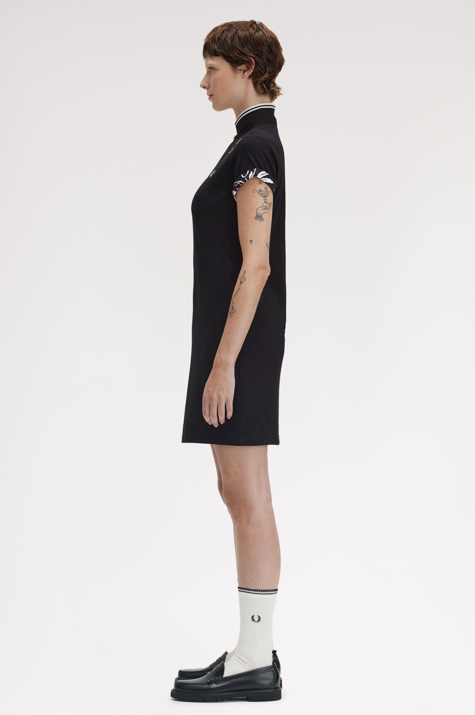 Fred Perry Amy Winehouse Printed Trim Piqué Dress in Black 