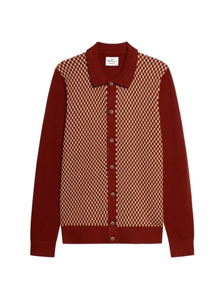 Ben Sherman Long Sleeve Contrast Checkerboard Button Through Knitted Shirtn (Sienna)