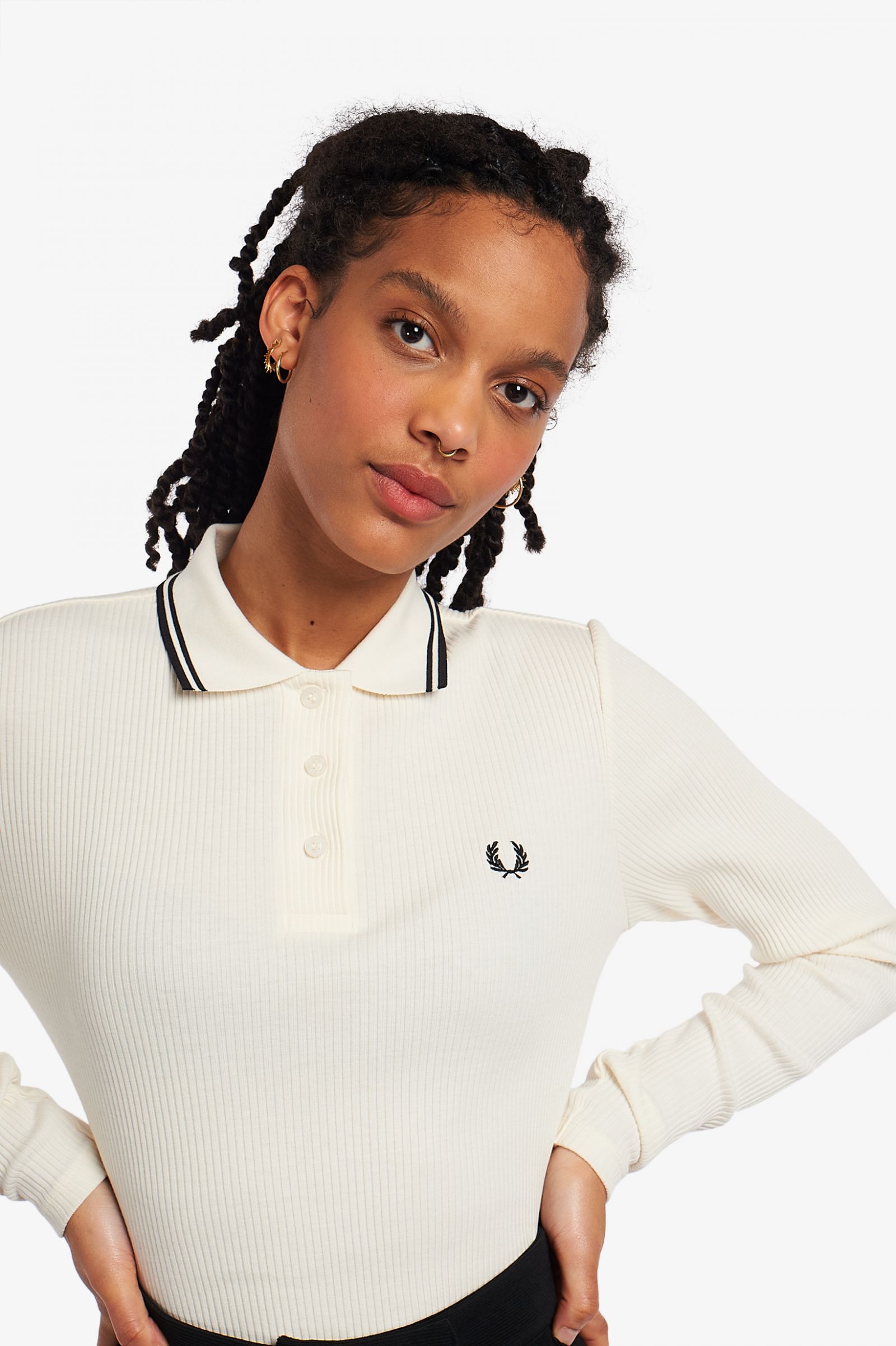 Fred Perry Long Sleeve Ribbed Polo Shirt Ecru