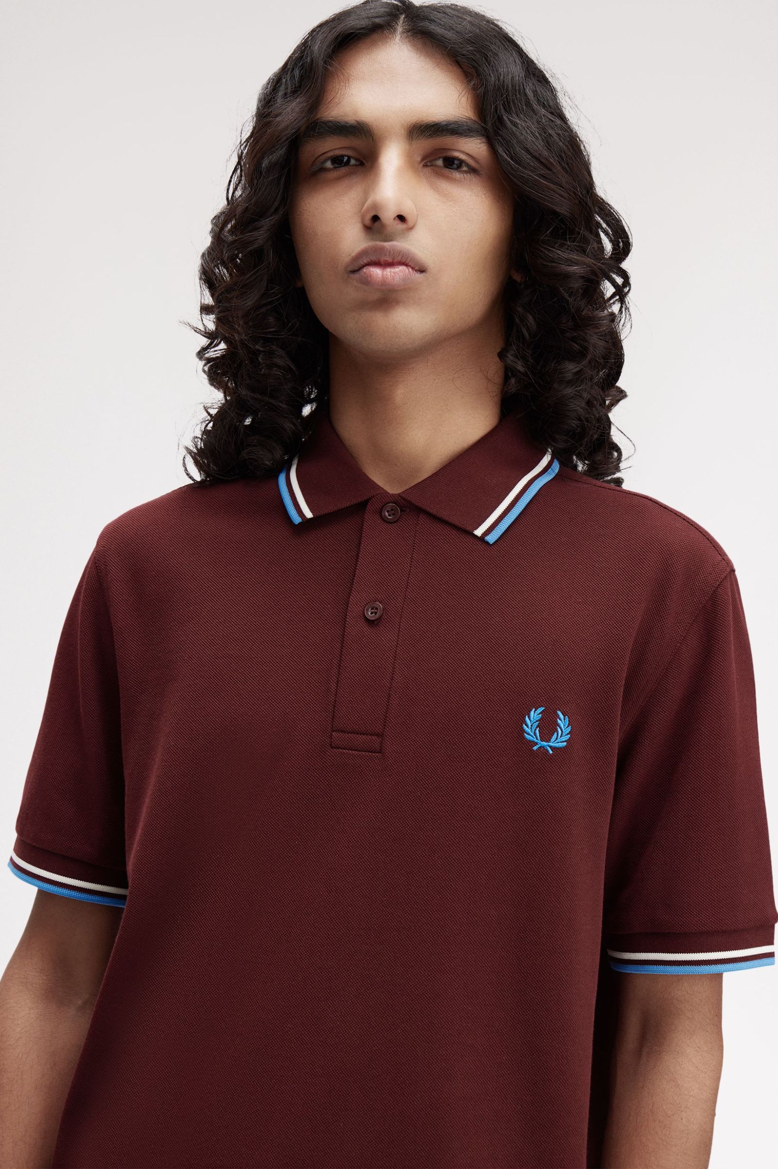 Fred Perry Twin Tipped Shirt in Oxblood/ Ecru/ Court Blue