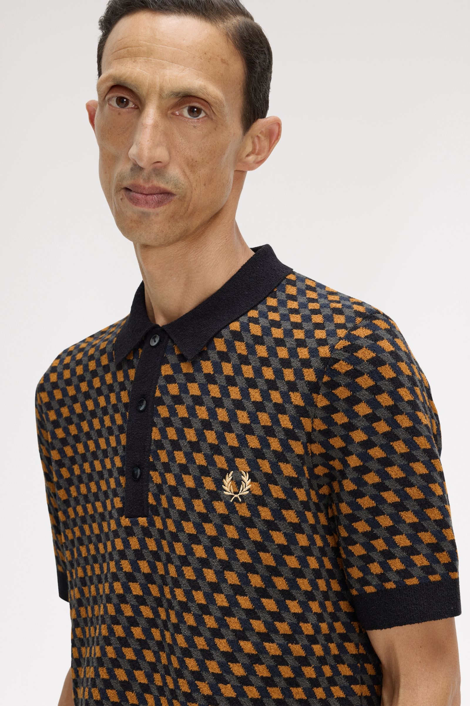 Fred Perry Geometric Knitted Shirt (Dark Caramel)