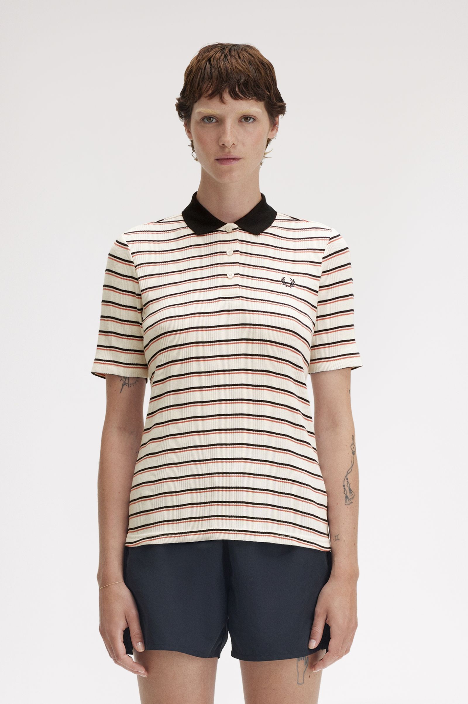 Fred Perry Stibed Ribbed Polo Shirt in Silky Peach