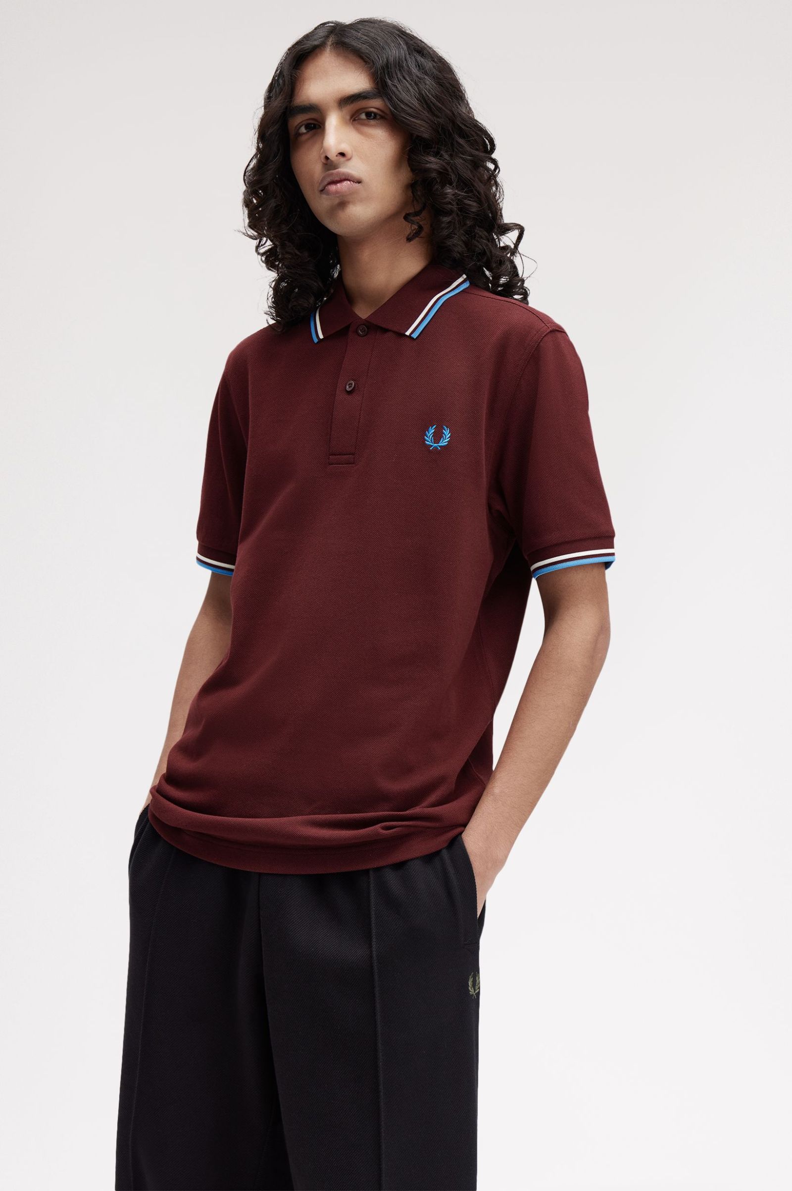 Fred Perry Twin Tipped Shirt in Oxblood/ Ecru/ Court Blue