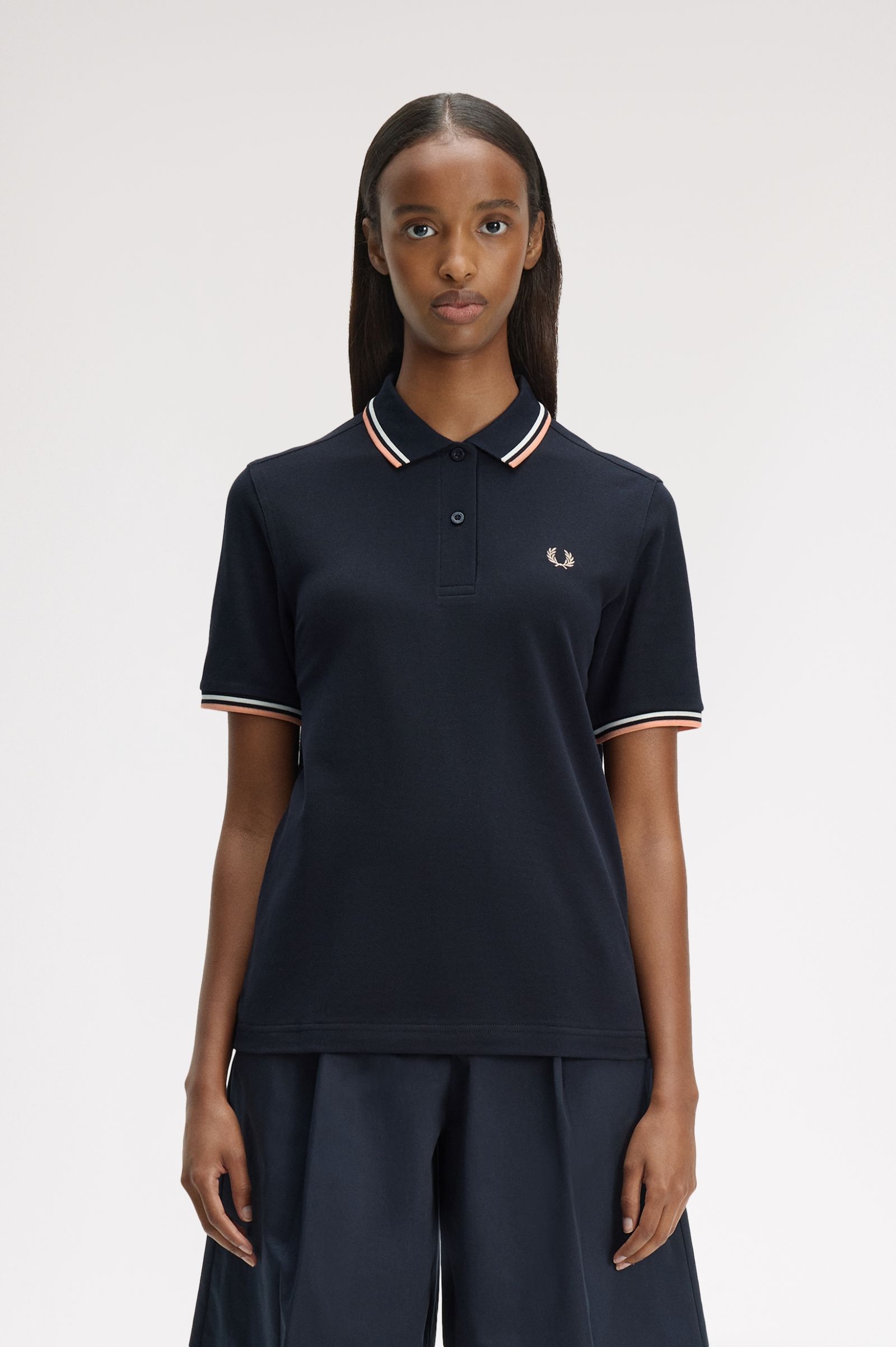 Fred Perry Damen Twin Tipped Polo Shirt (Navy/Snow White/Peach)