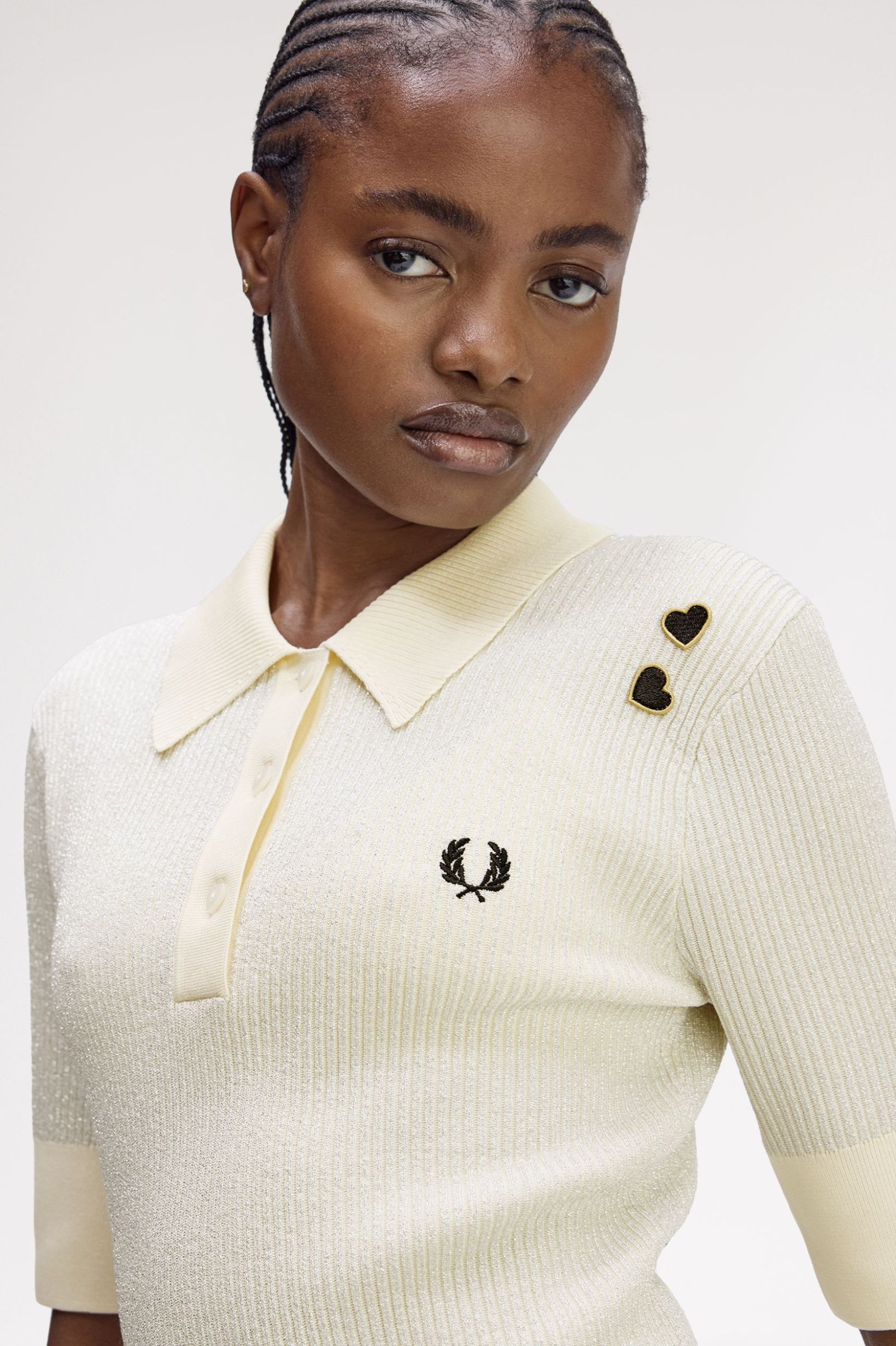 Fred Perry Amy Winehouse Metallic Rib Knit Polo Shirt (Ecru)