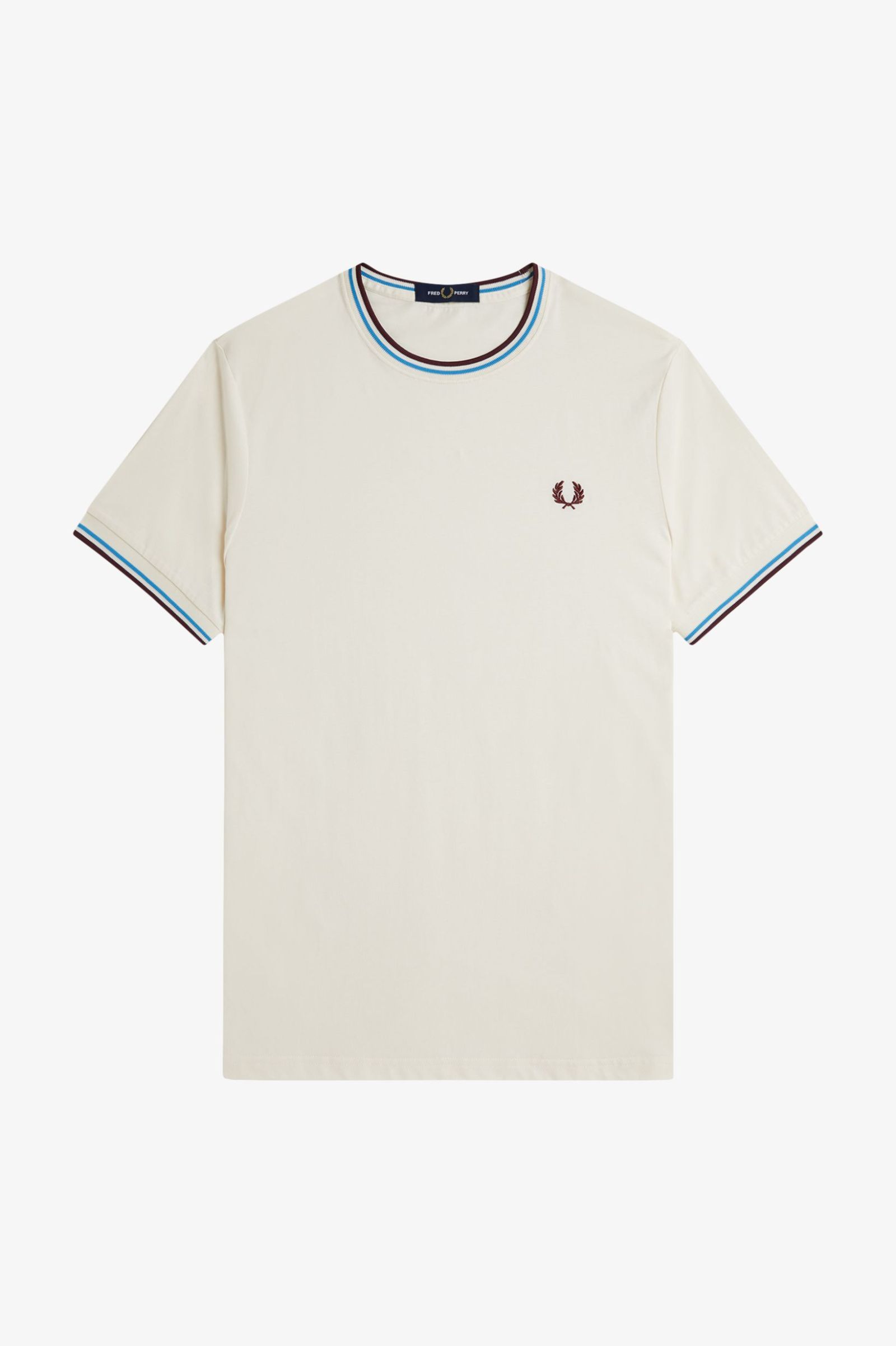 Fred Perry Twin Tipped T-Shirt in Ecru/Court Blue/Oxblood 