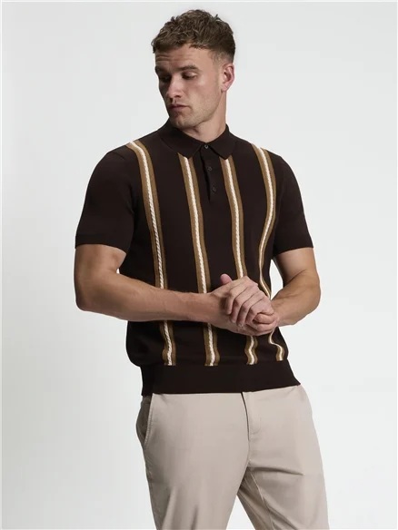 Ben Sherman Short Sleeve Ivy Cable Knitted Polo (Dark Brown)