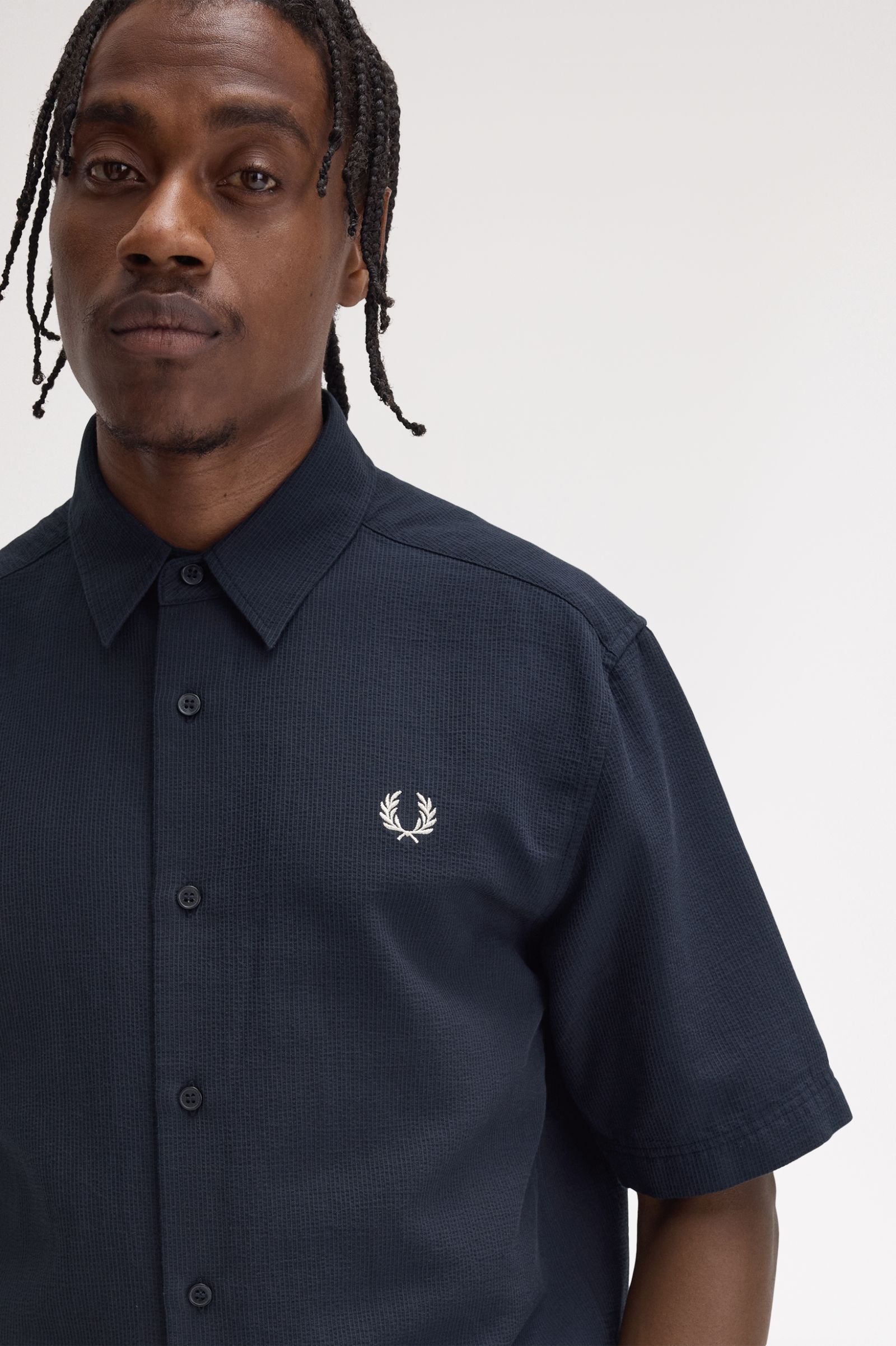 Fred Perry Textured Seersucker Shirt in Navy 