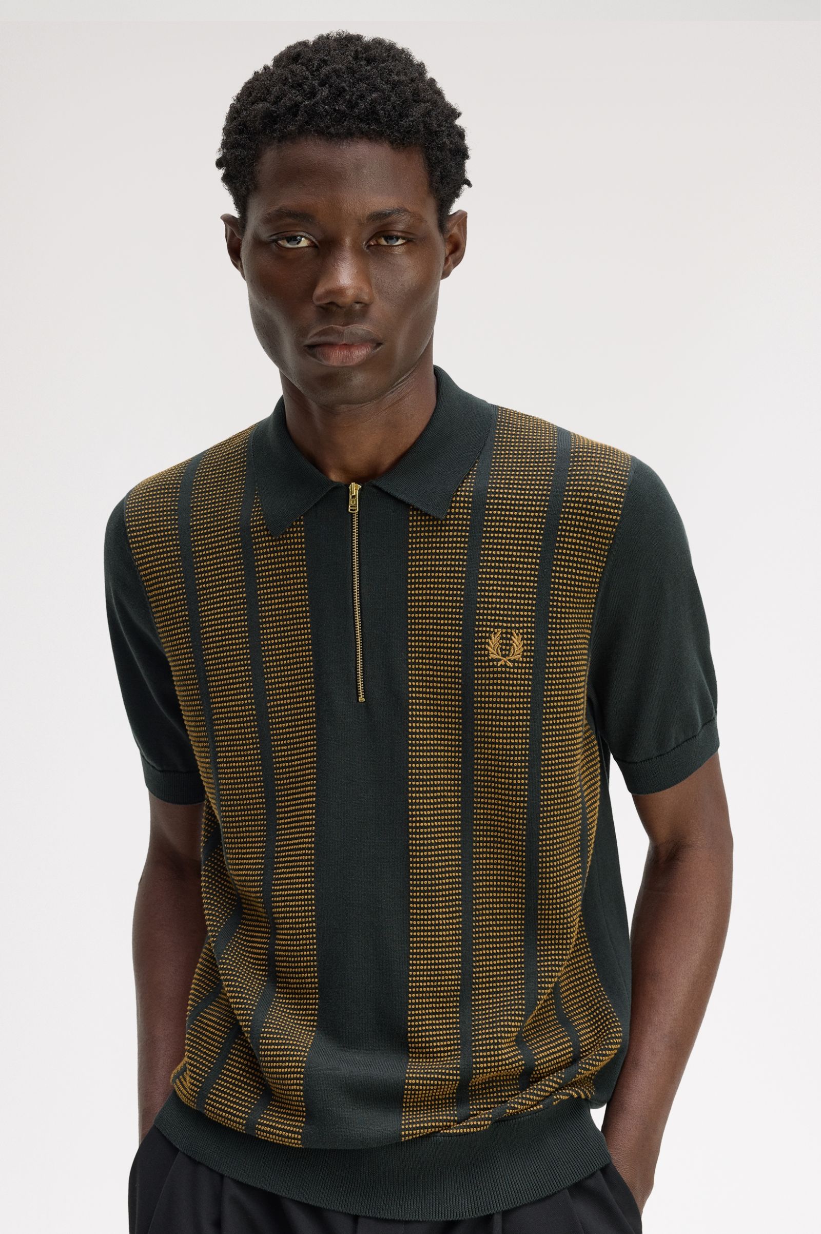 Frerd Perry Textured Panel Knitted Shirt (Night Green)