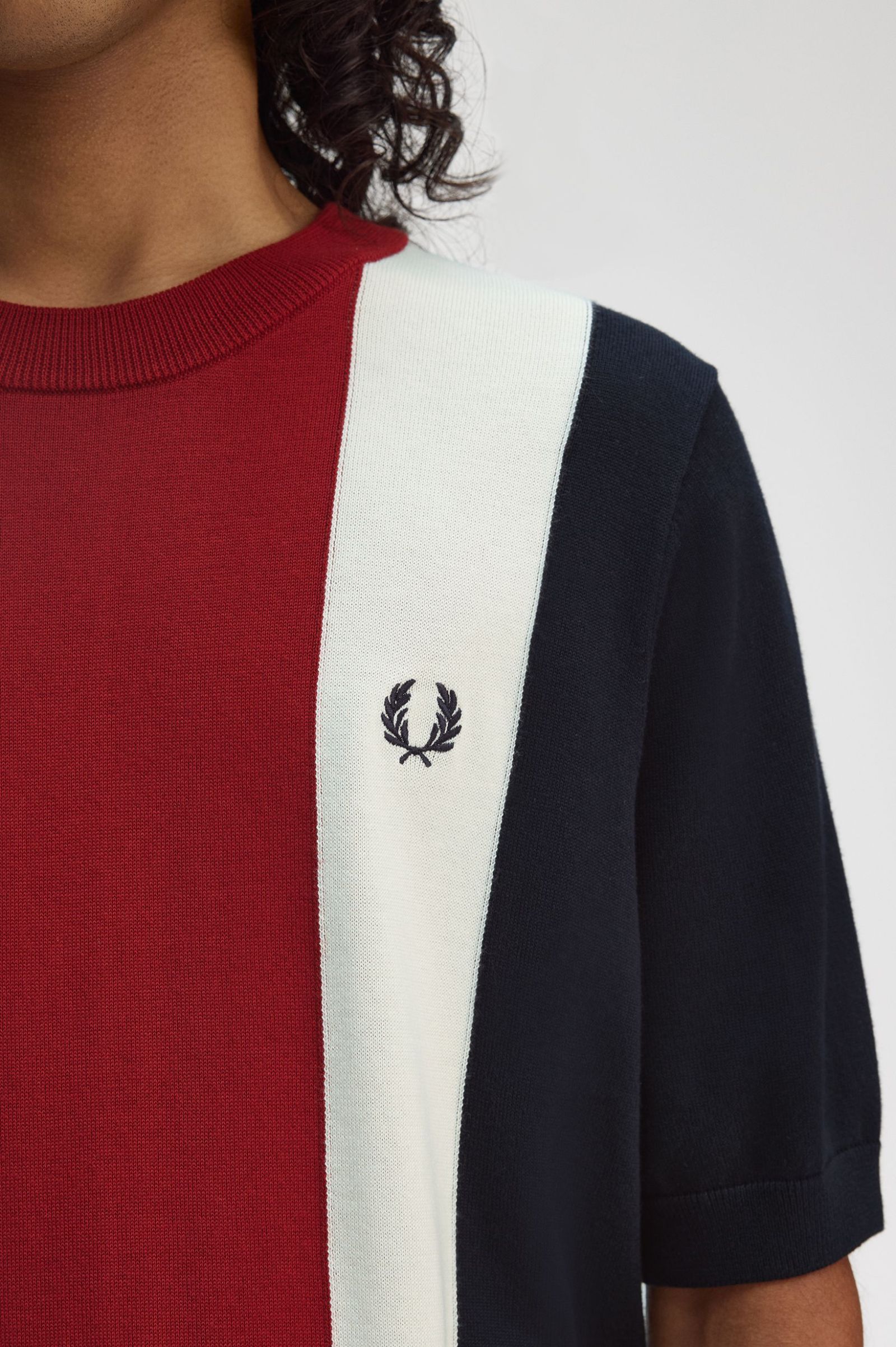 Fred Perry Vertical Stripe Knitted T-Shirt in Navy/Burnt Red/Ecru