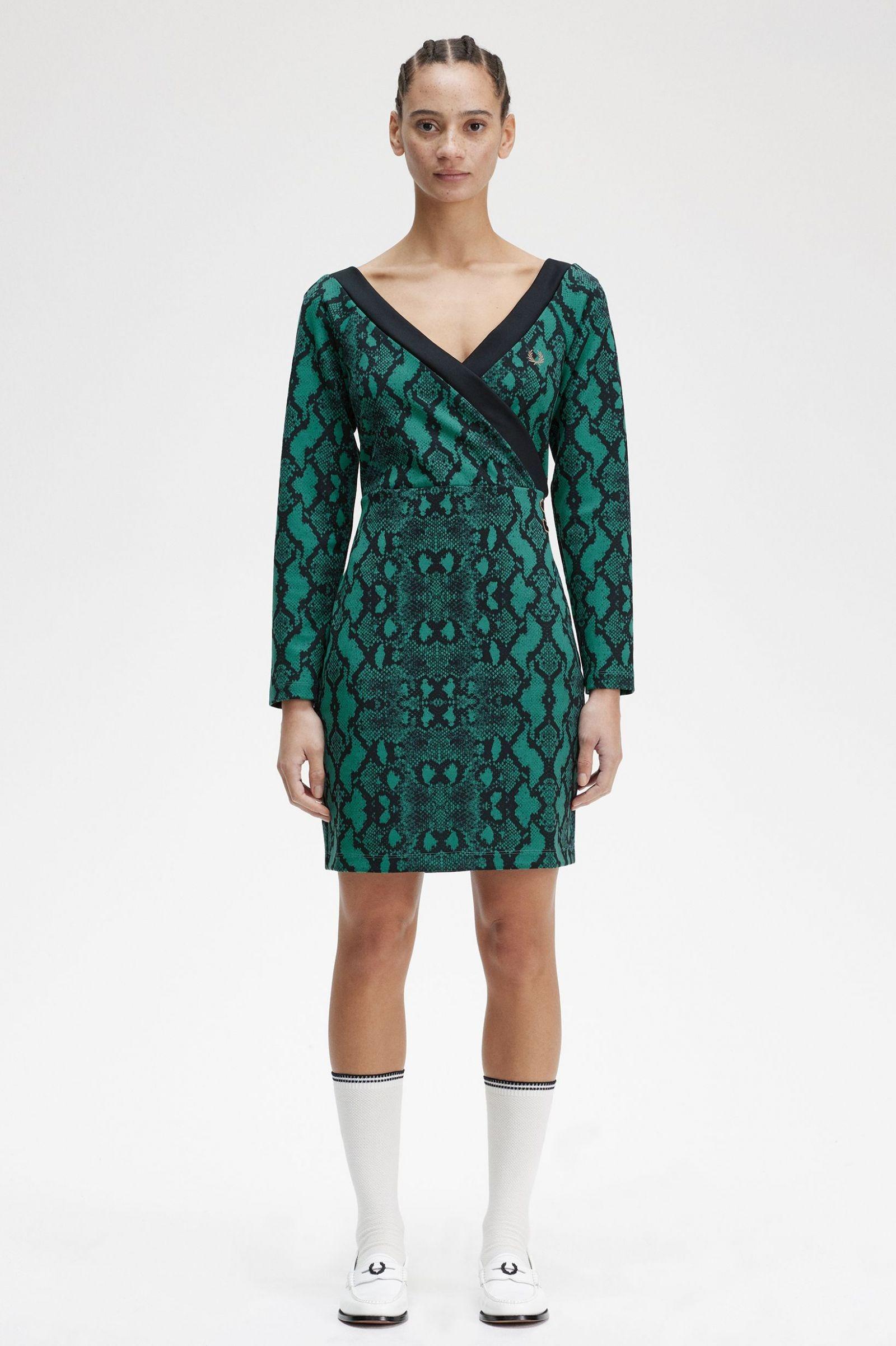 Fred Perry  Amy Winehouse Off The Shoulder Snake Print Dress (Deep Mint)