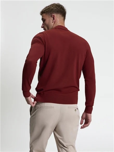 Ben Sherman Long Sleeve Contrast Checkerboard Button Through Knitted Shirtn (Sienna)