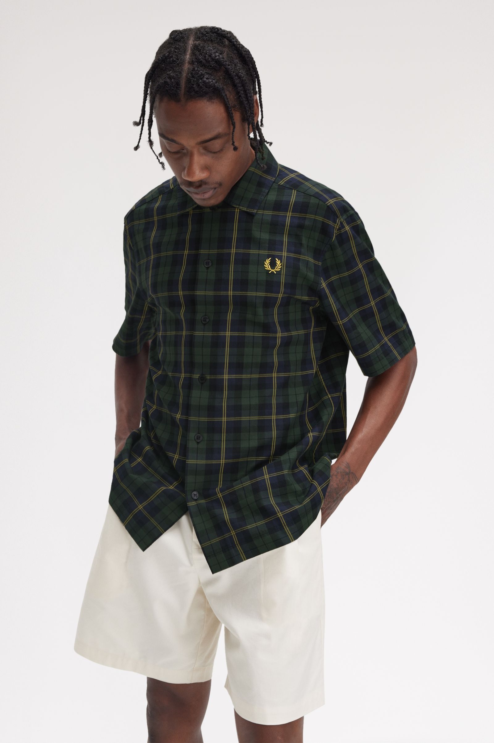 Fred Perry Tartan Twill Short Sleeve Shirt in in Navy 
