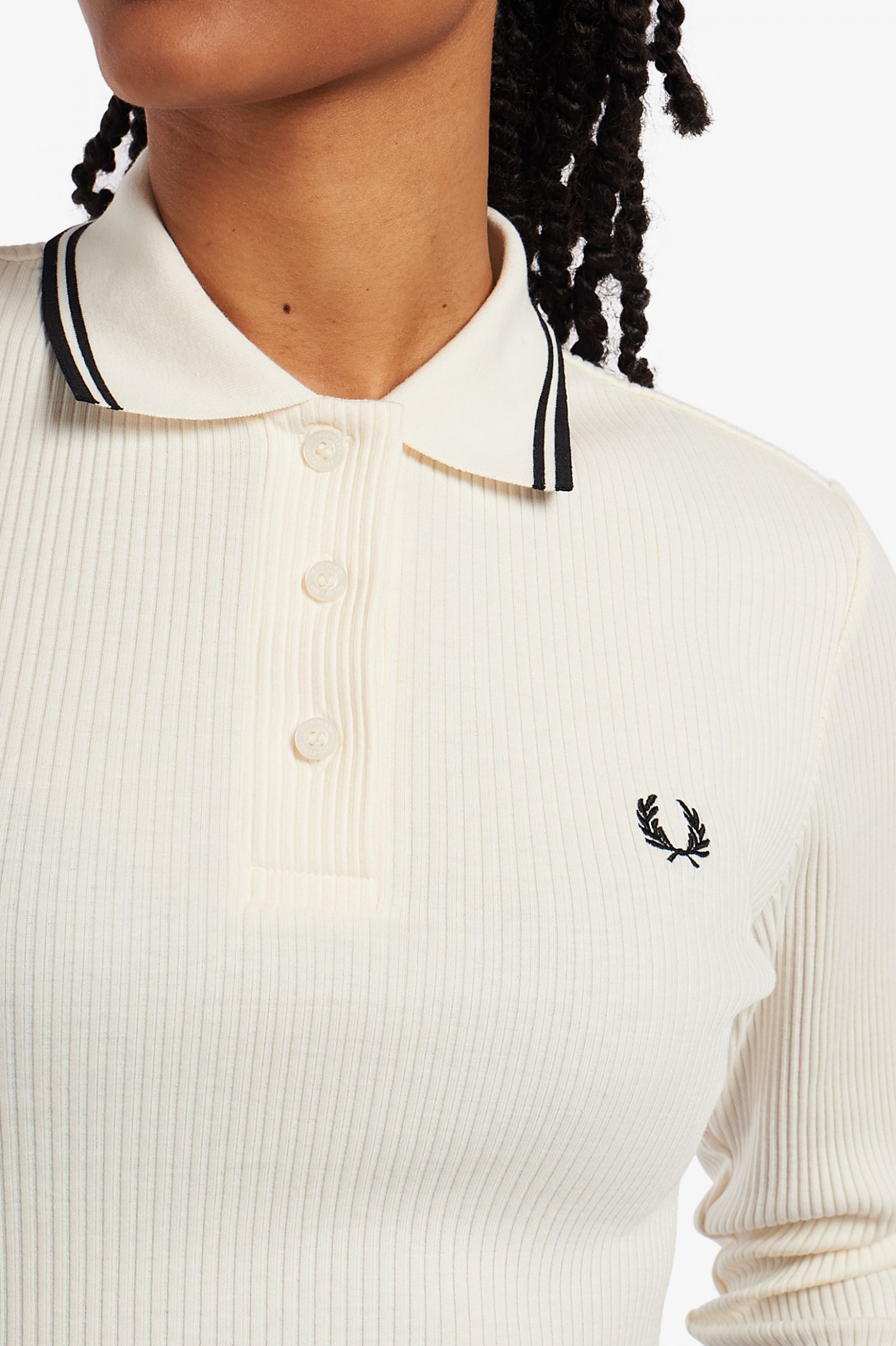 Fred Perry Long Sleeve Ribbed Polo Shirt Ecru