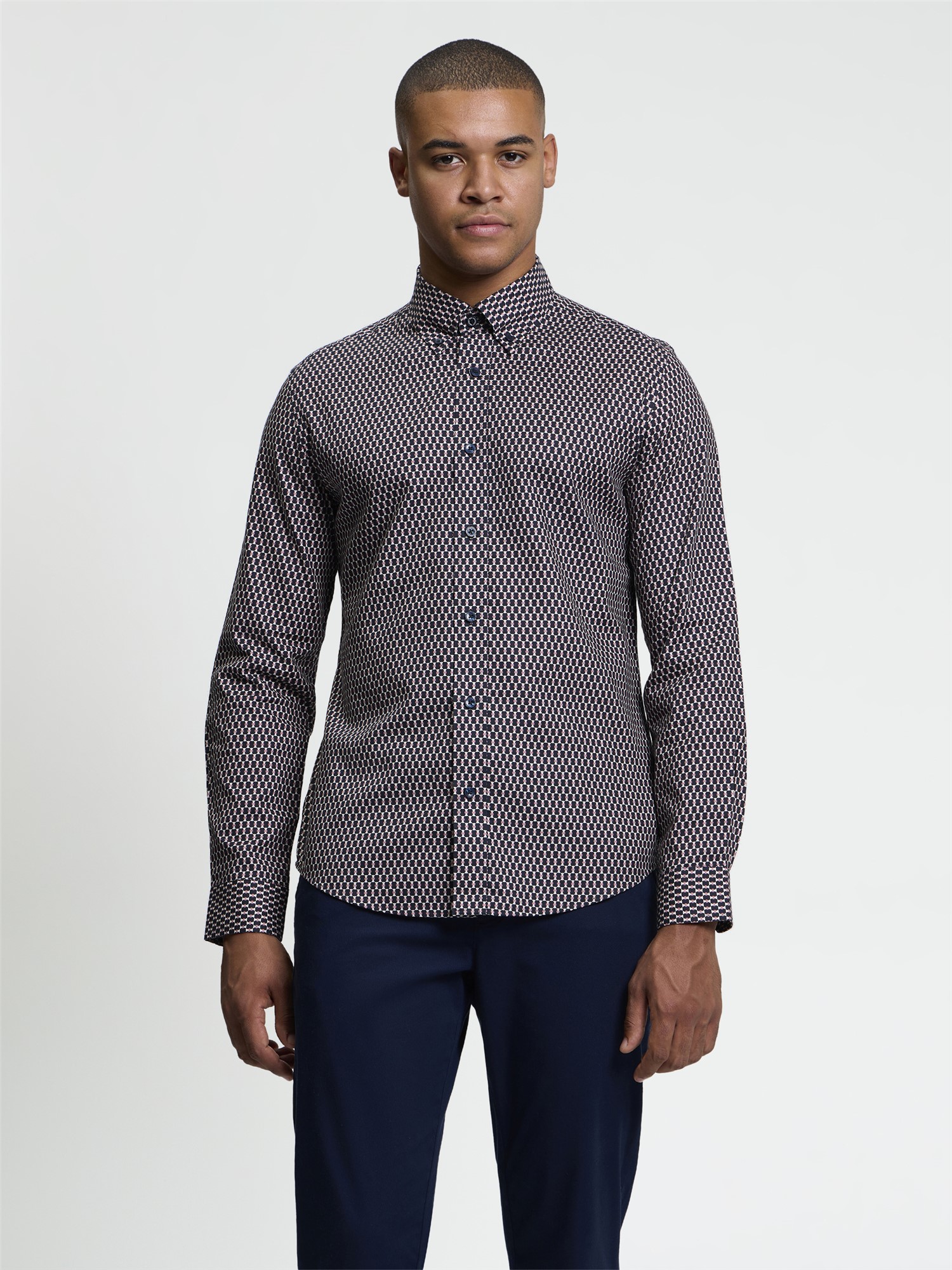 Ben Sherman Long Sleeve Micro Geo Print Shirt (Dark Navy)