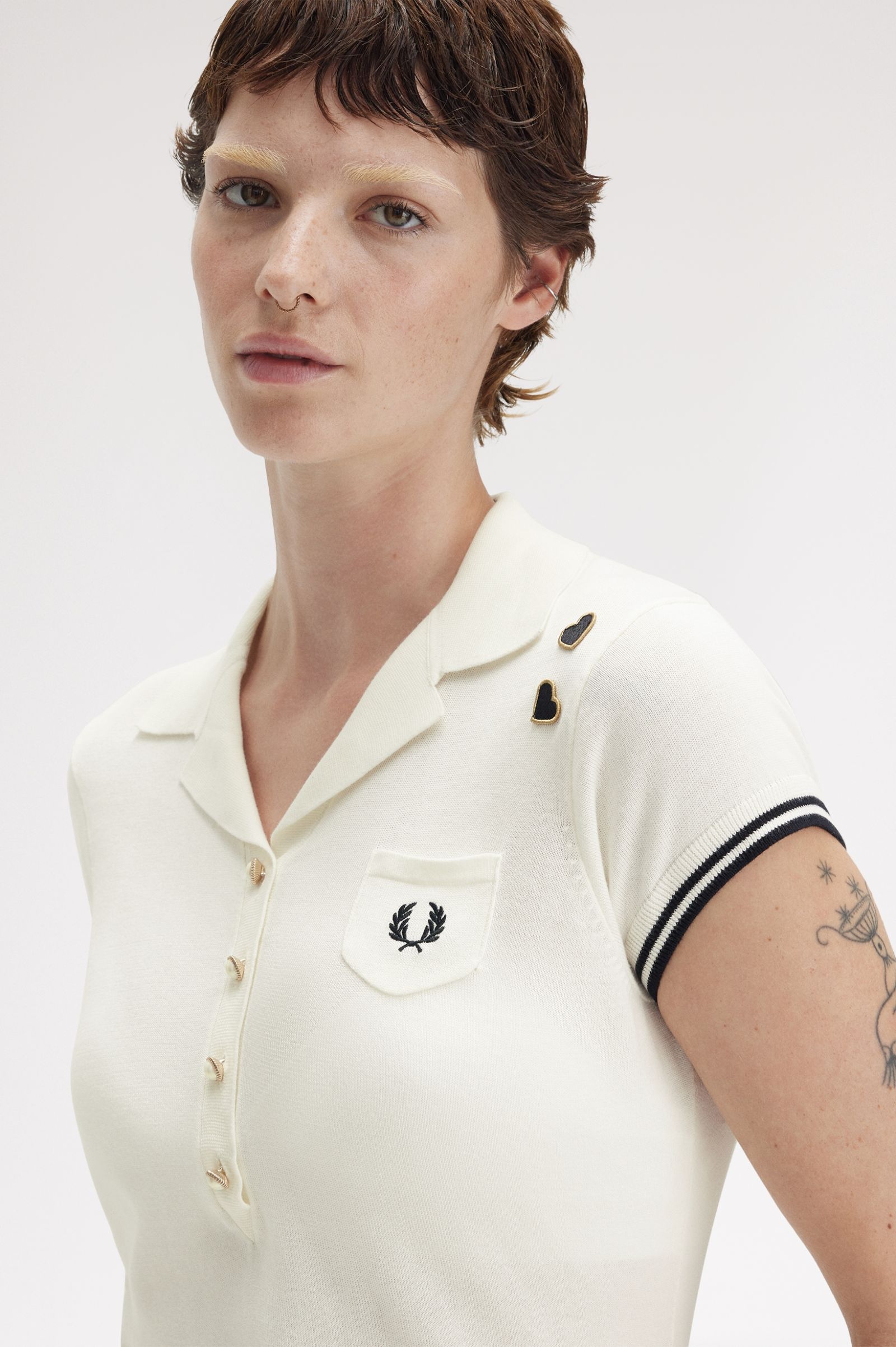 Fred Perry Amy Winehouse Pocket Detail Knitted Shirt in Light Ecru 