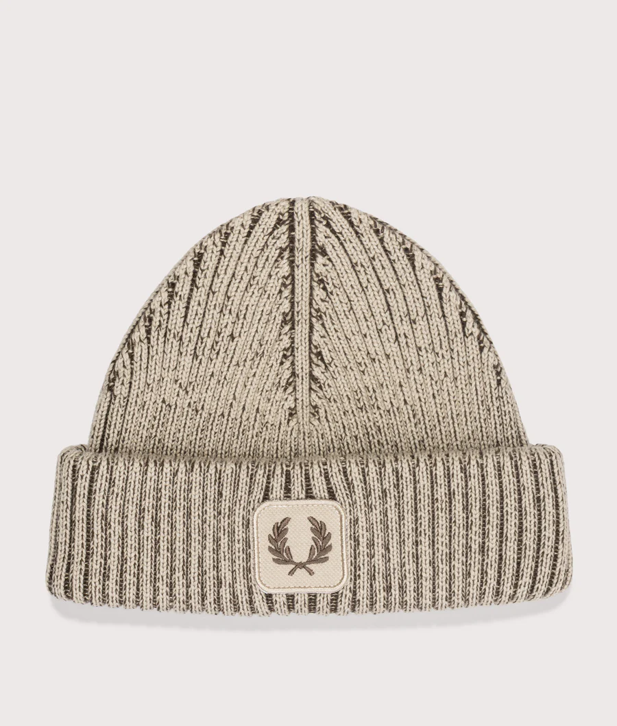 Fred Perry Cotton Ribbed Beanie (Warm Oat/Burnt Tobacco)