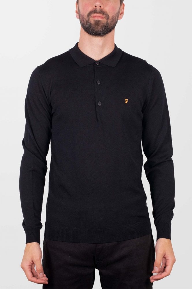 Farah Black Glenarm Long Sleeve Polo Sweater in Black