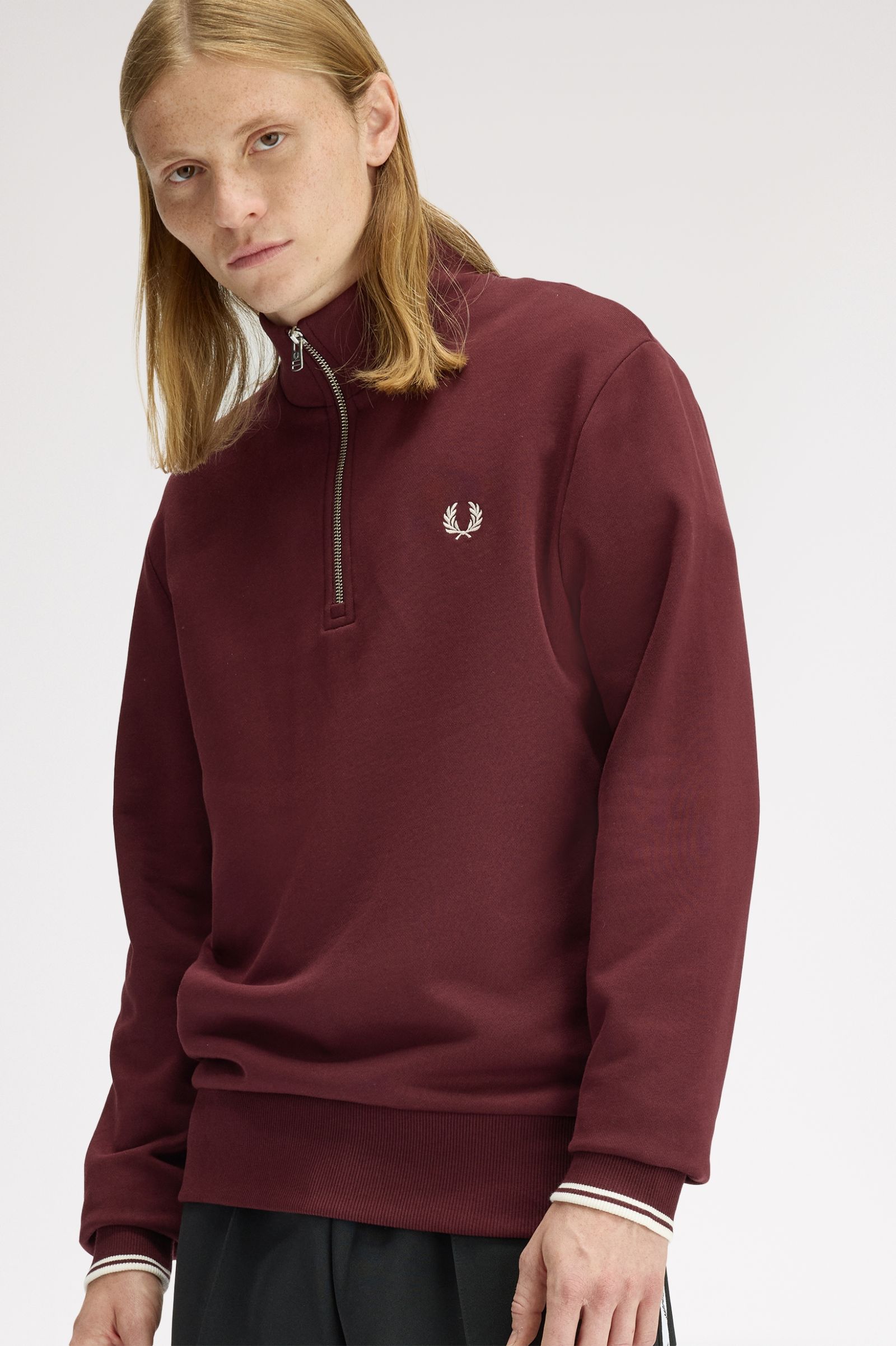 Fred Perry Half Zip Sweatshirt (Oxblood/Ecru)