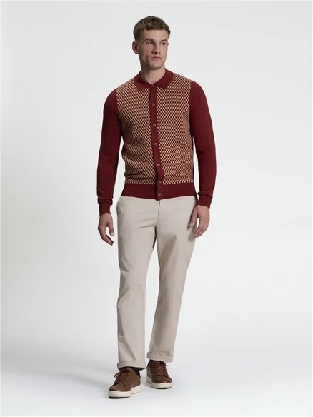 Ben Sherman Long Sleeve Contrast Checkerboard Button Through Knitted Shirtn (Sienna)