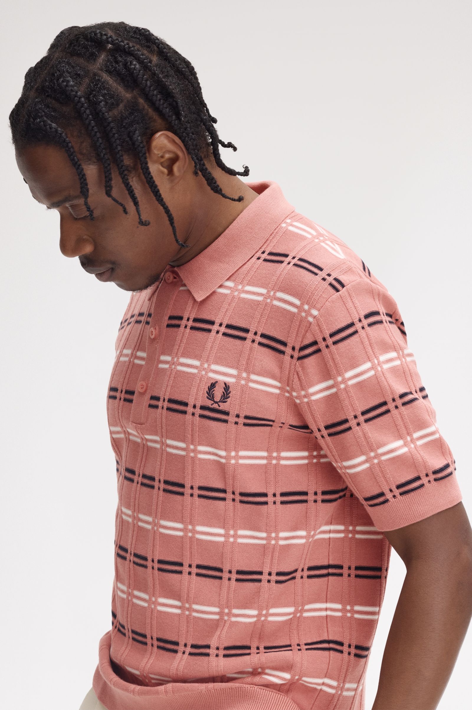 Fred Perry Striped Rib Knitted Shirt in Putty Pink