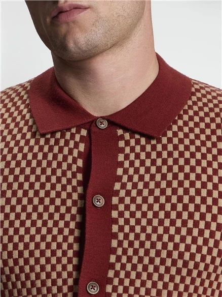 Ben Sherman Long Sleeve Contrast Checkerboard Button Through Knitted Shirtn (Sienna)