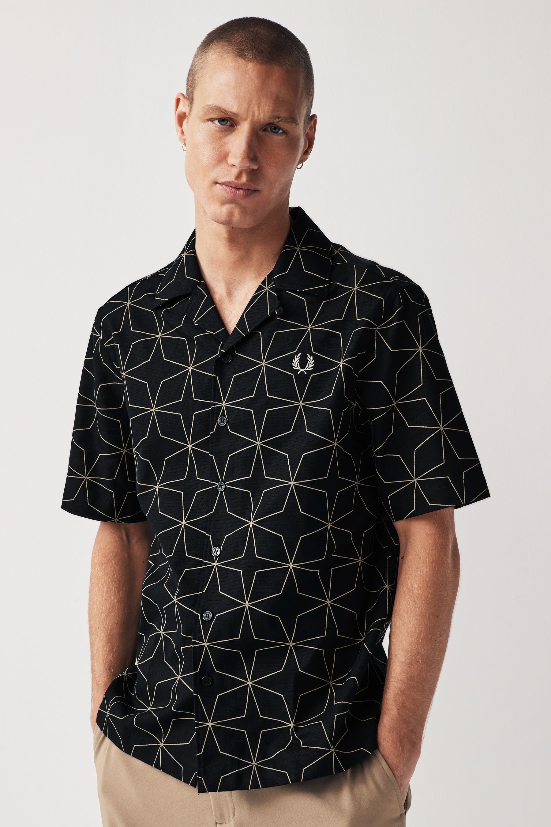 Fred Perry Geometric Print Revere Collar in Black