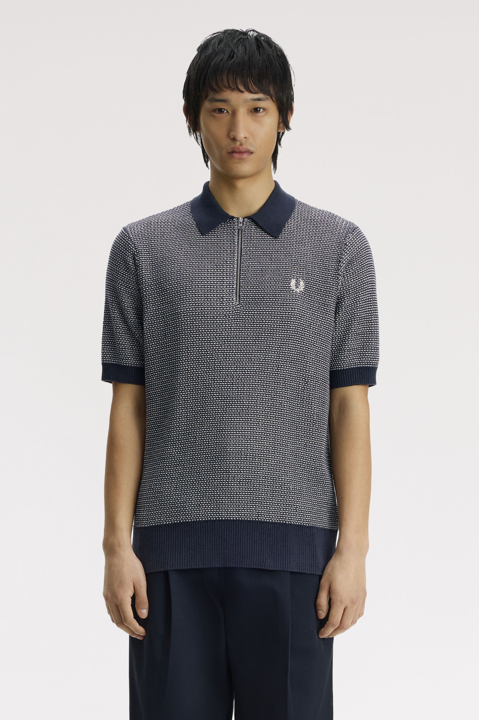 Fred Perry Textured Knitted Zip-Through Shirt (Navy) 