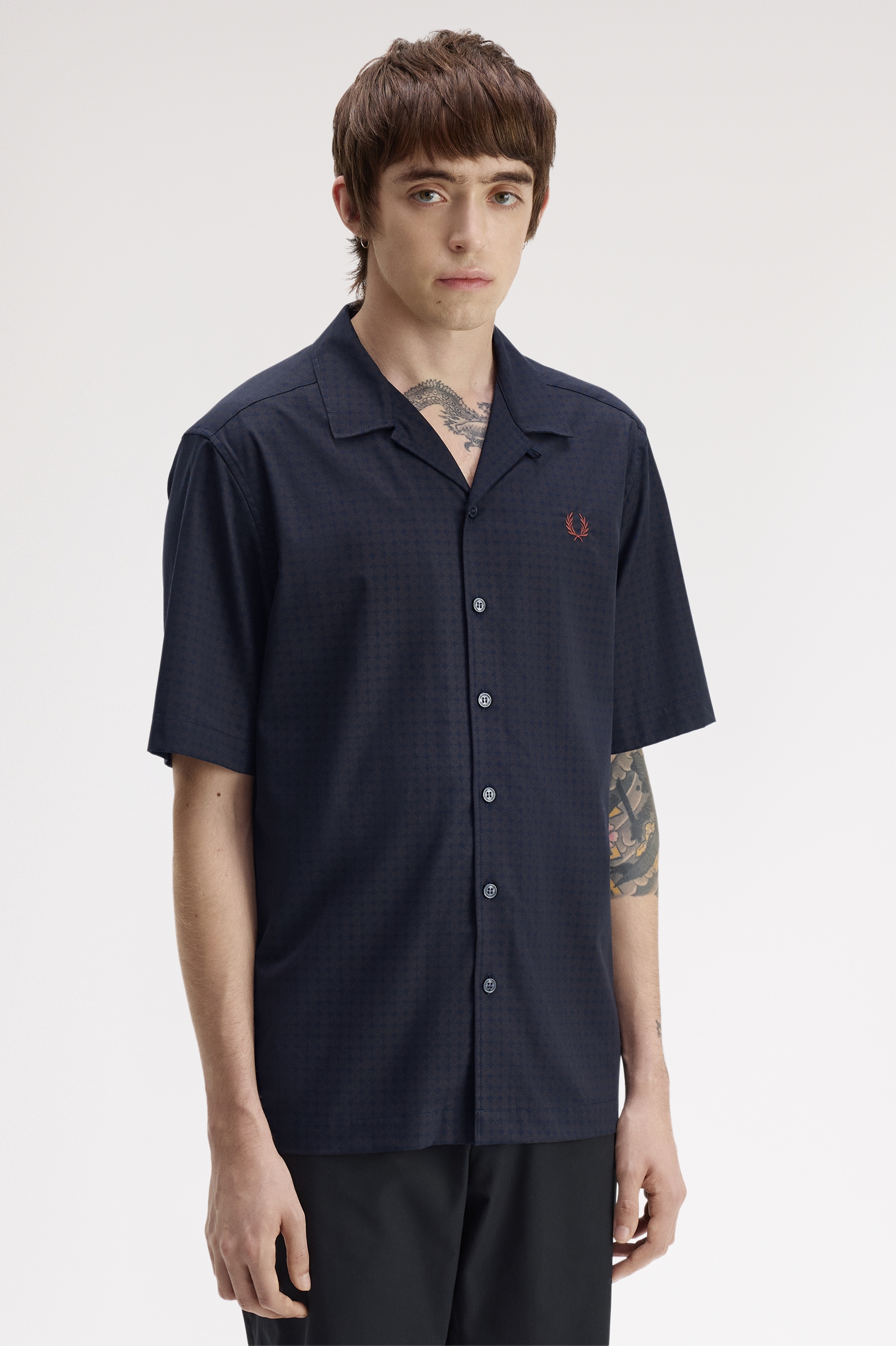 Fred Perry Floral Print Revere Collar Shirt (Navy)