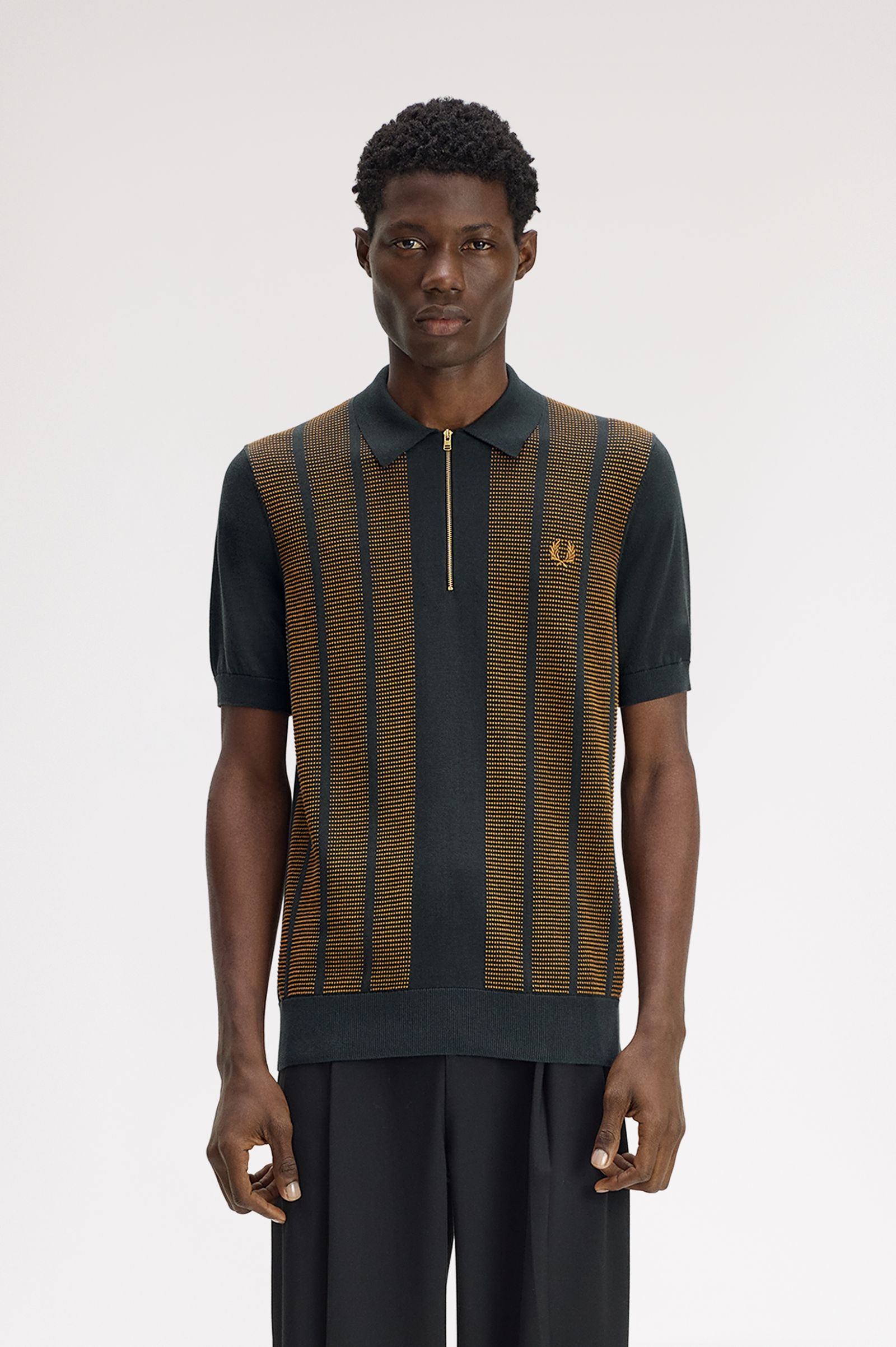 Frerd Perry Textured Panel Knitted Shirt (Night Green)
