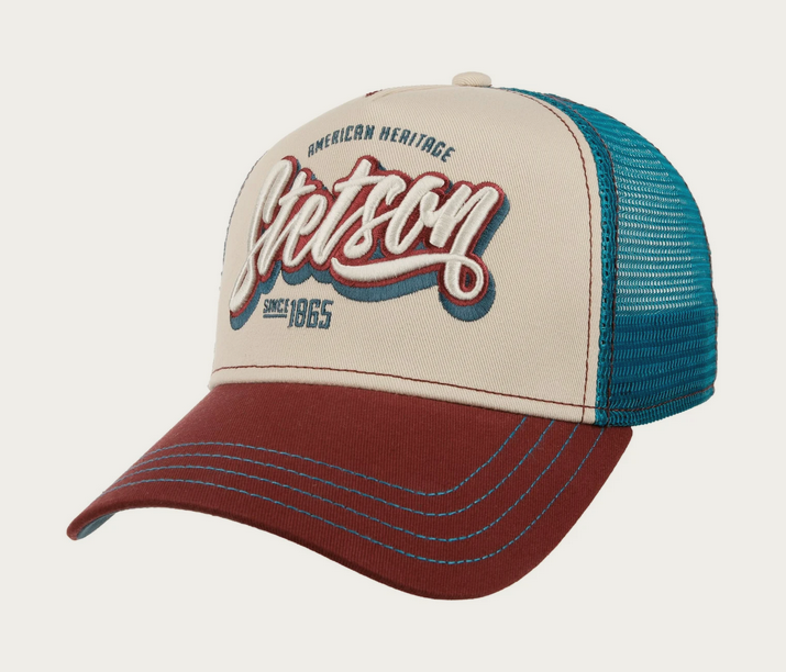 Stetson Wordmark Logo Trucker Cap in Blue-Red