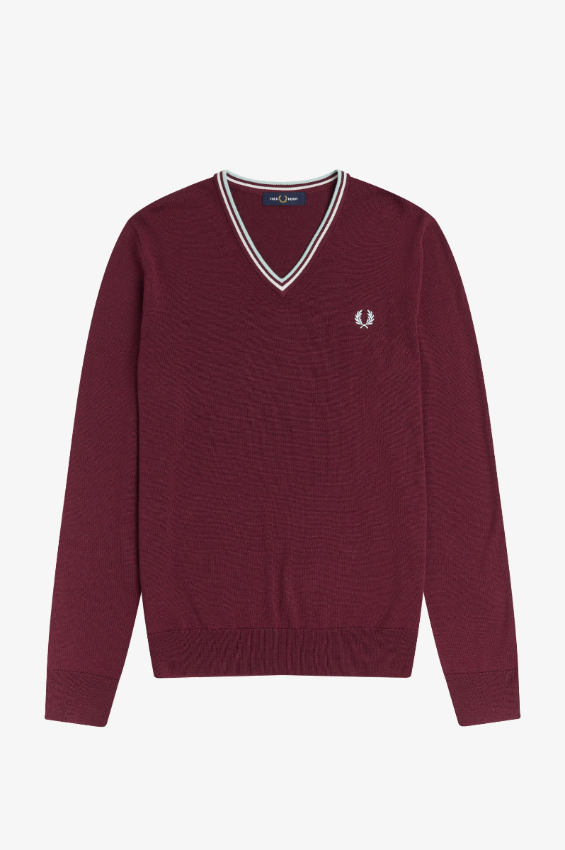 Fred Perry Classic V-Neck Jumper K9600 Aubergine/Snowwhite/Bright Blue-S