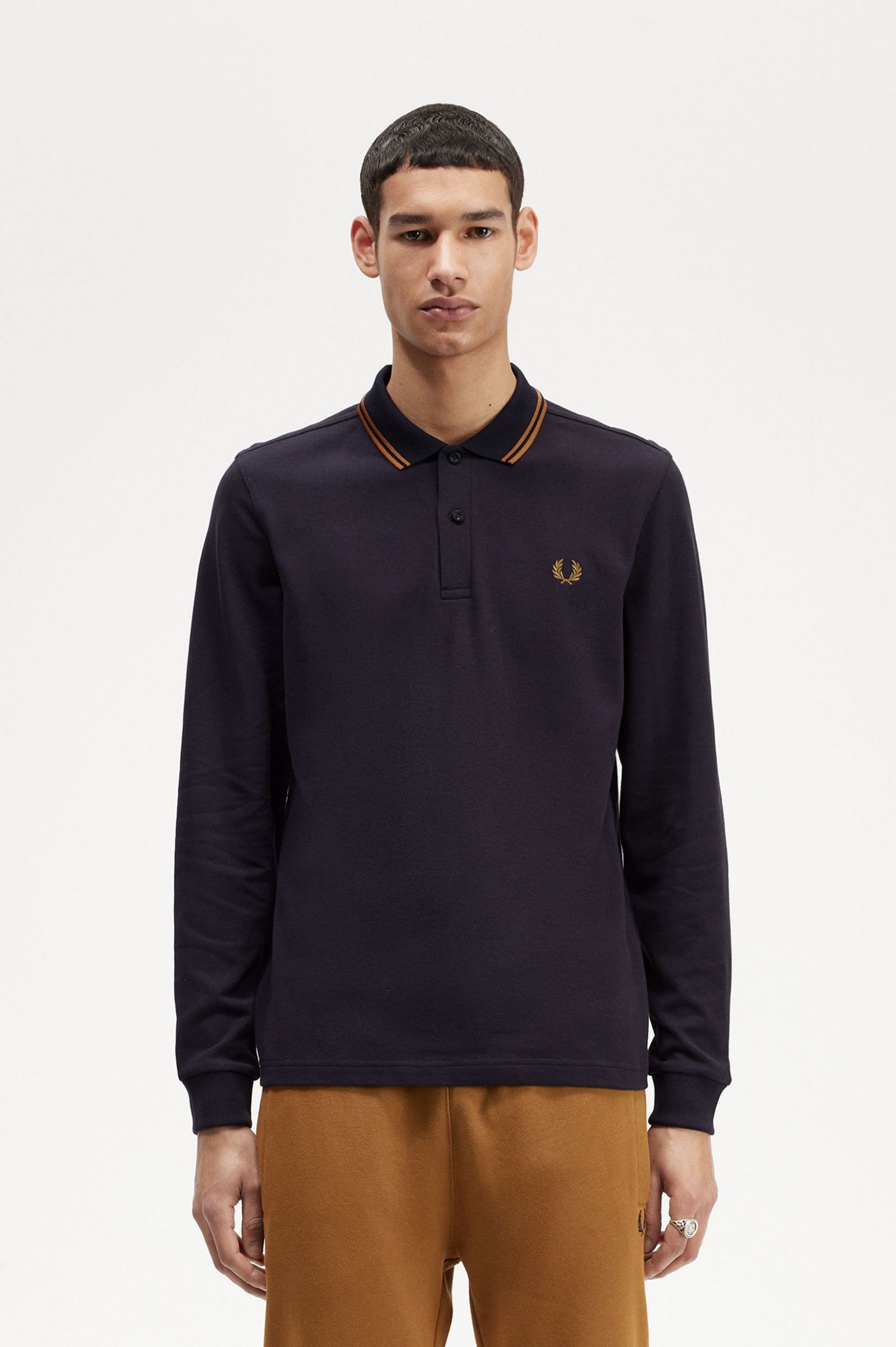 Fred Perry LS Twin Tipped Shirt in Navy/Darck Caramel