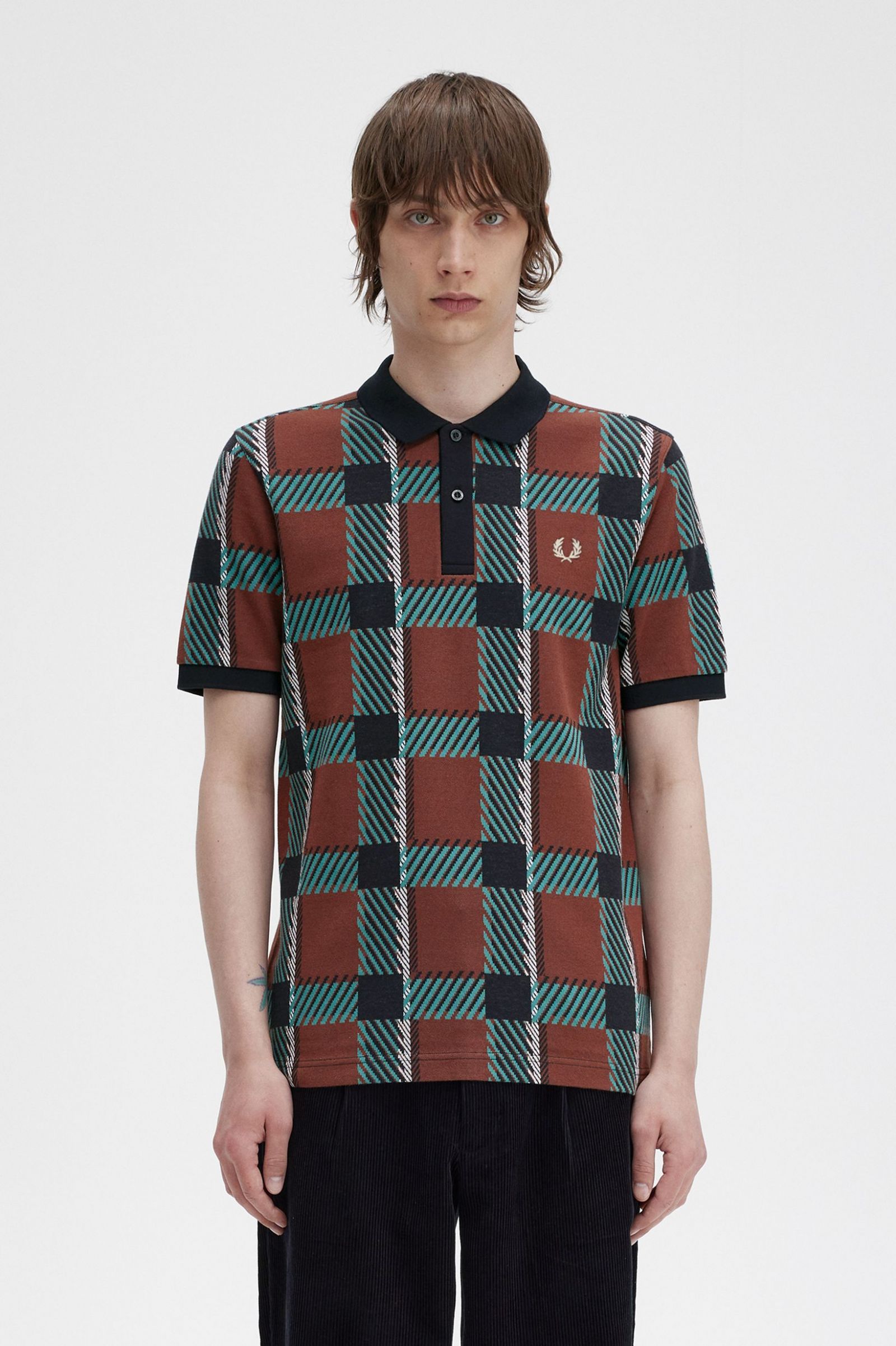 Fred Perry Glitch Tartan Polo Shirt in Whisky Brown