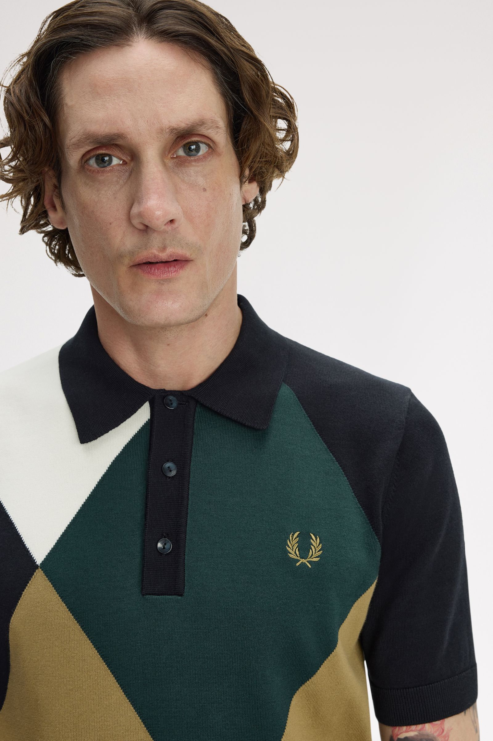 Fred Perry Offset Argyle Knitted Shirt (Black)