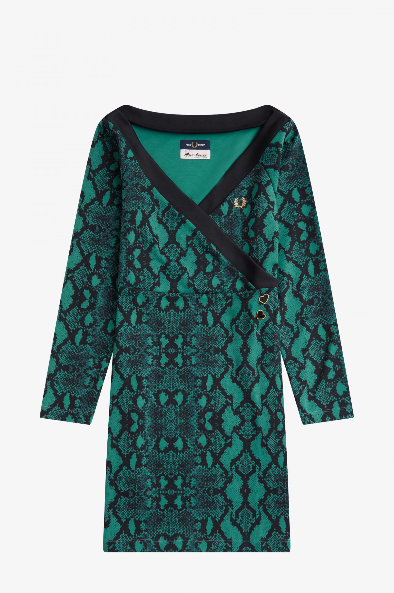 Fred Perry Off-the-Shoulder Snakeprint Dress in Deep Mint