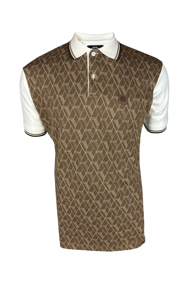 Trojan Chequerboard Diamond Jacquard Panel Polo in Ecru